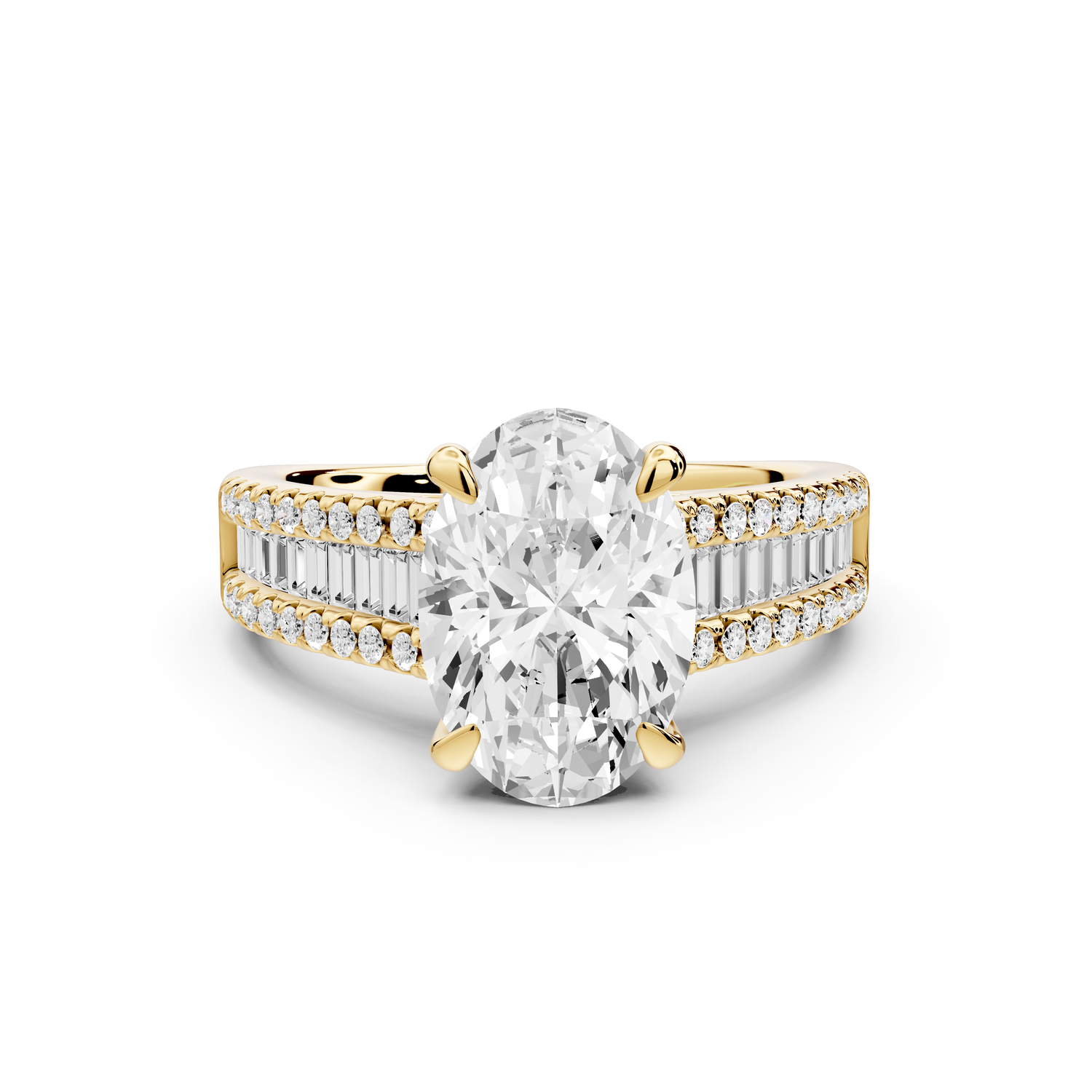 Estelle - 2ct 14k yellow gold oval diamond with emerald and round cut accent stones half band cathedral engagement ring