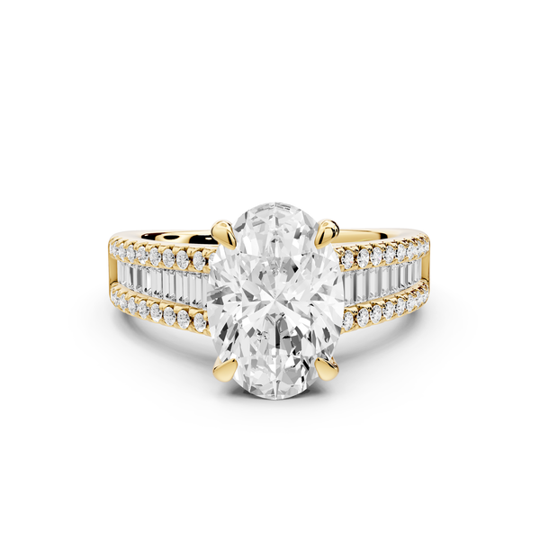 Estelle - 2ct 14k yellow gold oval diamond with emerald and round cut accent stones half band cathedral engagement ring