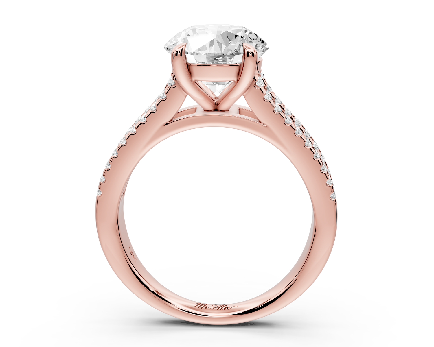 Estelle - 2ct 14k rose gold round diamond with emerald and round cut accent stones half band cathedral engagamengt ring