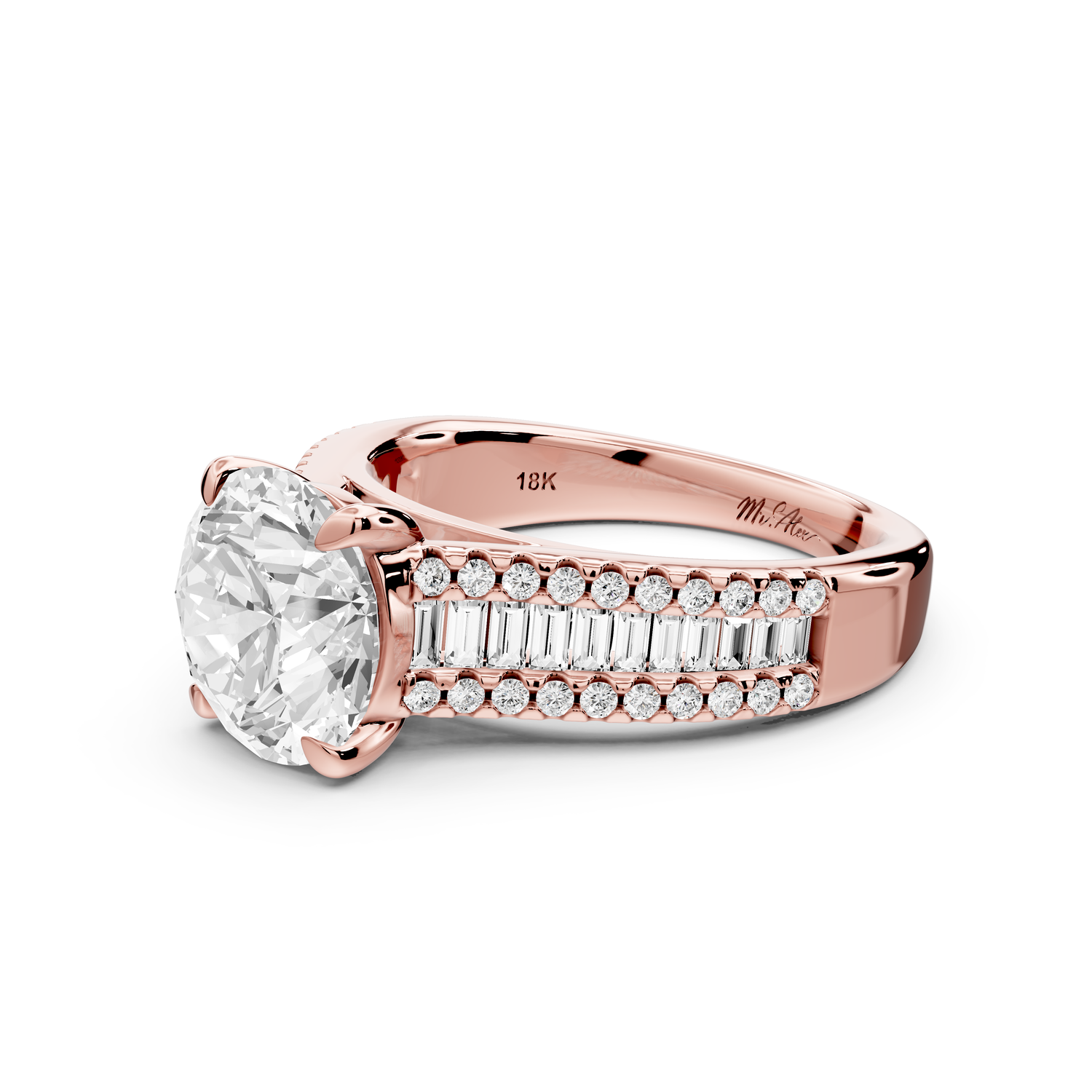 Estelle - 2ct 14k rose gold round diamond with emerald and round cut accent stones half band cathedral engagement ring