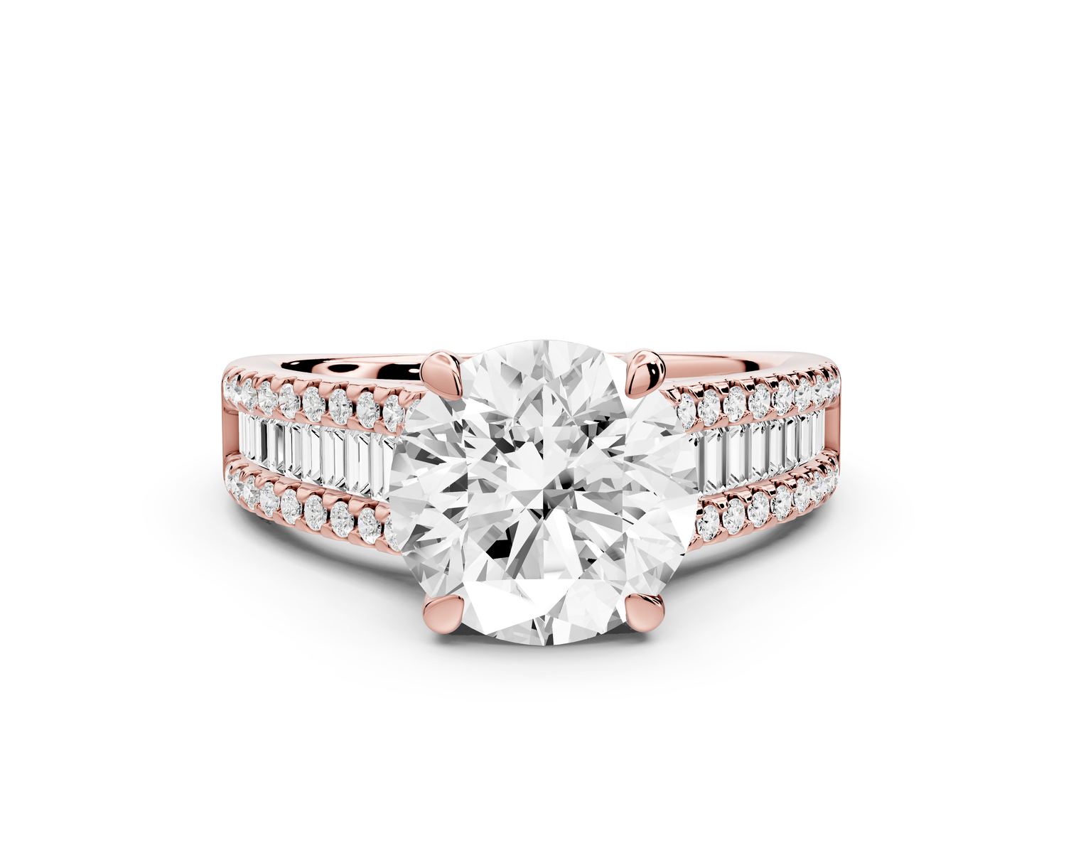 Estelle - 2ct 14k rose gold round diamond with emerald and round cut accent stones half band cathedral engagamengt ring