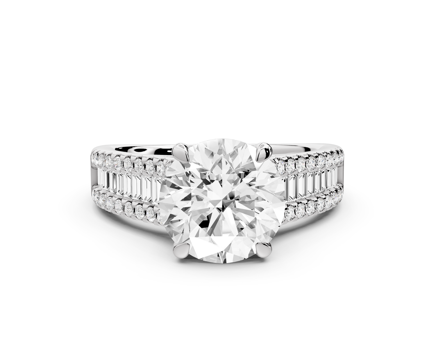 Estelle - 2ct 14k white gold round diamond with emerald and round cut accent stones half band cathedral engagamengt ring