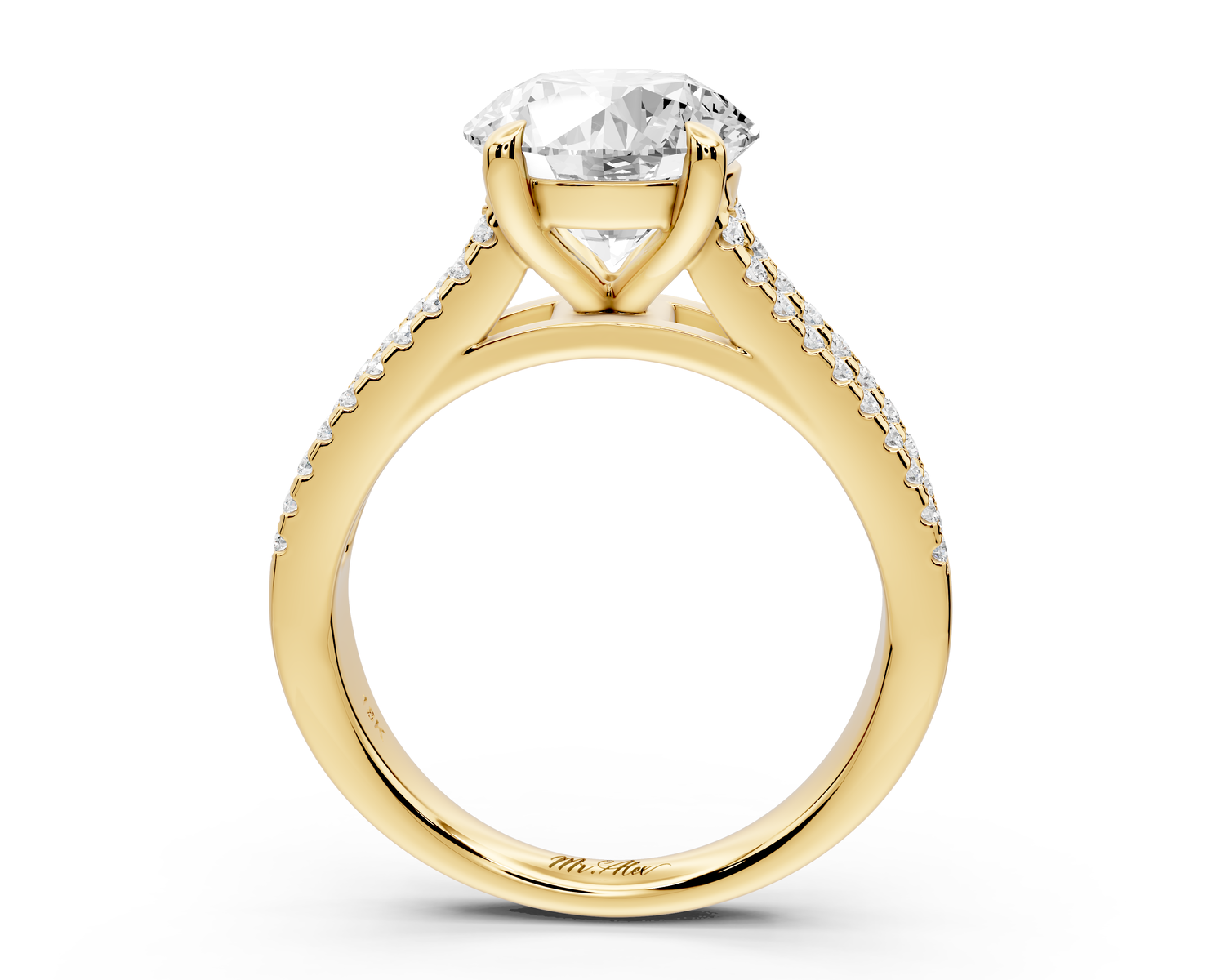 Estelle - 2ct 14k yellow gold round diamond with emerald and round cut accent stones half band cathedral engagamengt ring