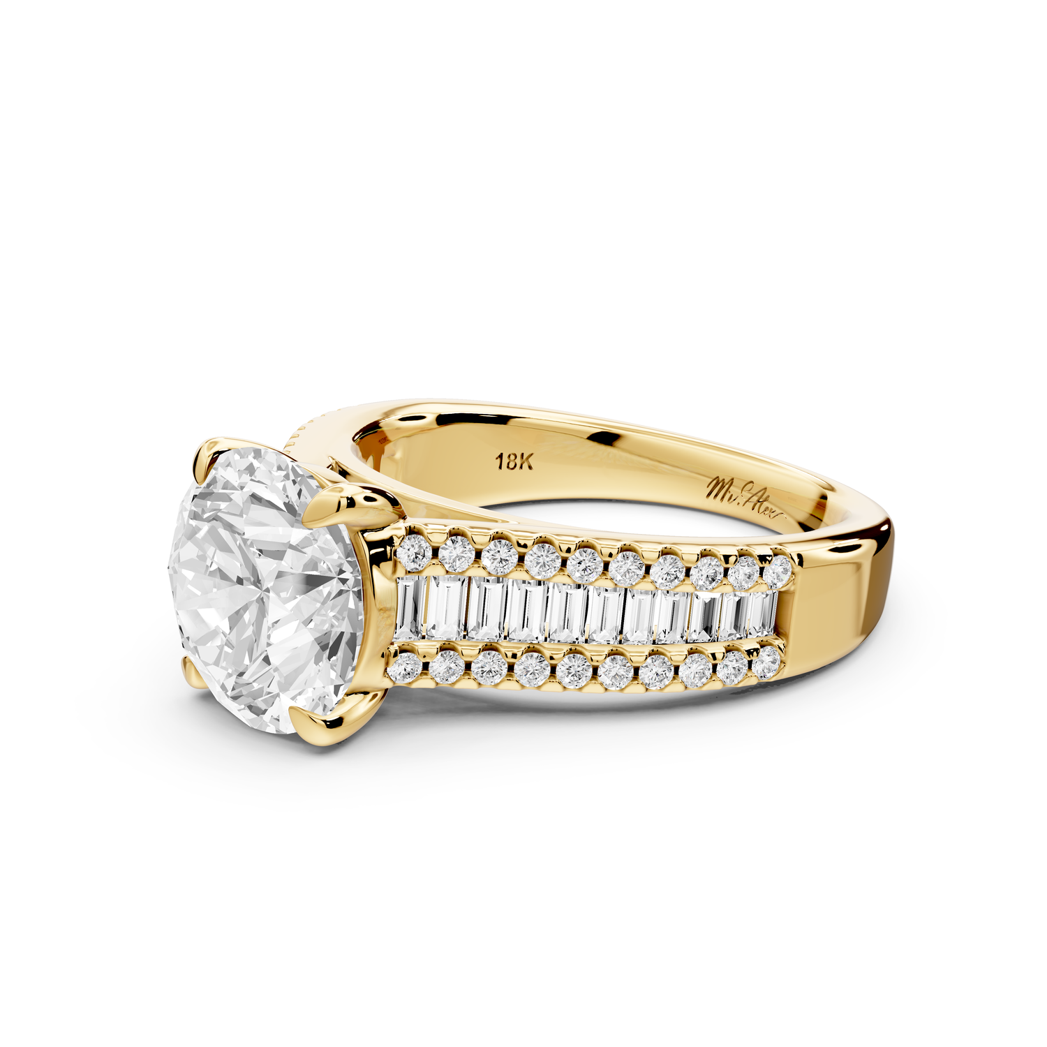 Estelle - 2ct 14k yellow gold round diamond with emerald and round cut accent stones half band cathedral engagement ring
