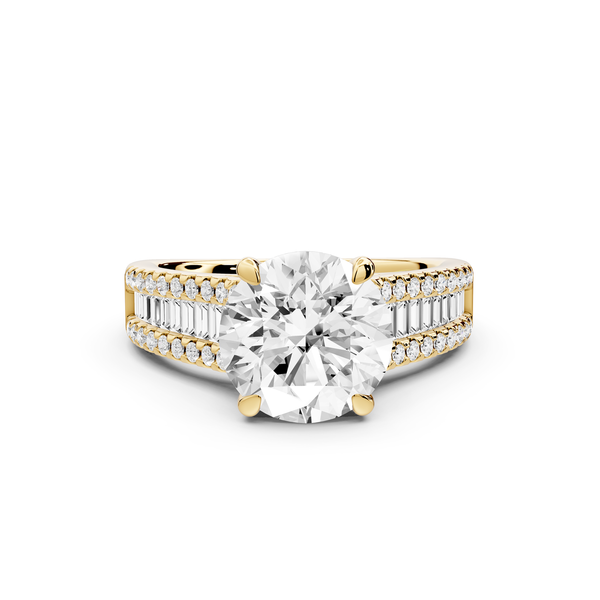 Estelle - 2ct 14k yellow gold round diamond with emerald and round cut accent stones half band cathedral engagement ring