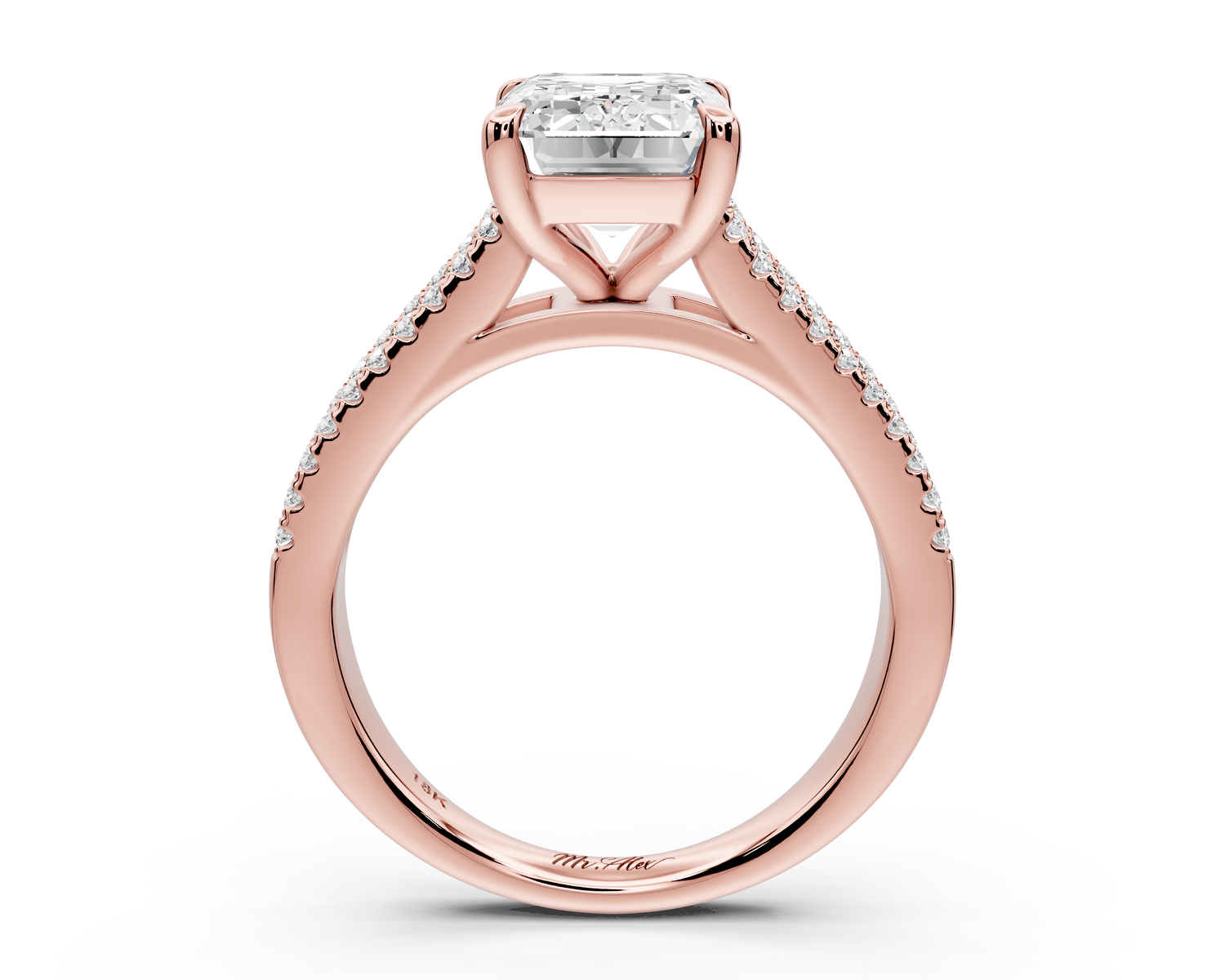 Estelle - 3ct 14k rose gold emerald diamond with emerald and round cut accent stones half band cathedral engagamengt ring