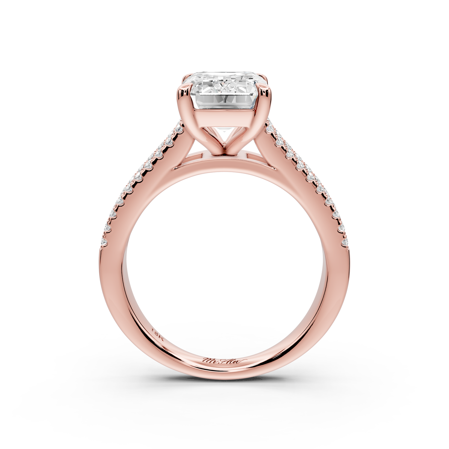 Estelle - 3ct 14k rose gold emerald diamond with emerald and round cut accent stones half band cathedral engagement ring