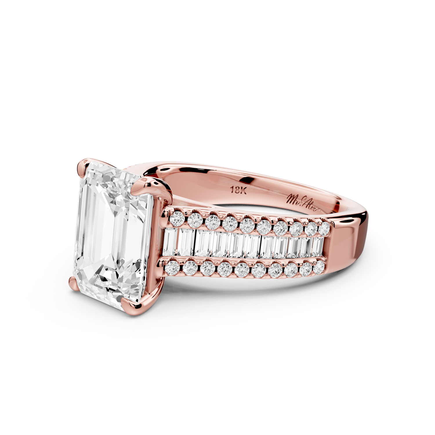 Estelle - 3ct 14k rose gold emerald diamond with emerald and round cut accent stones half band cathedral engagement ring