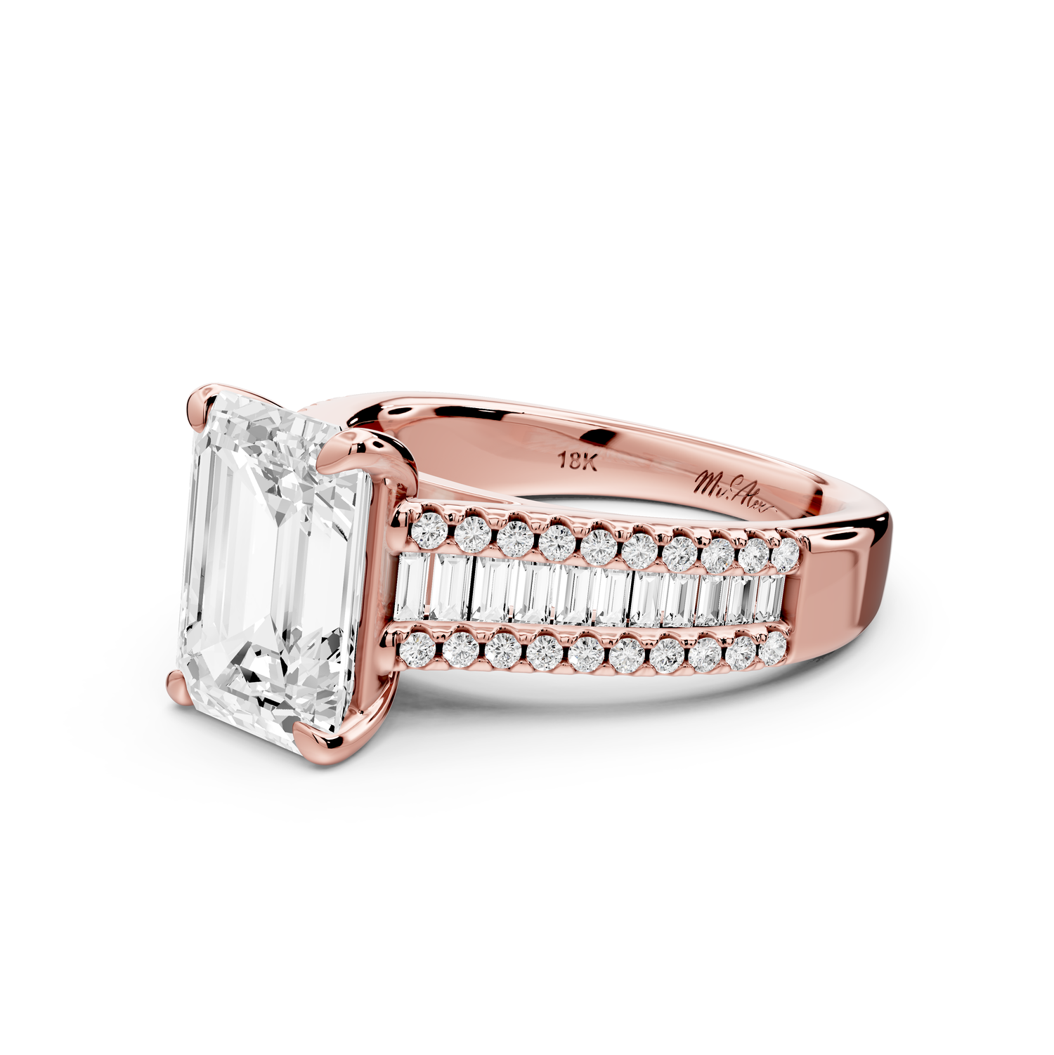 Estelle - 3ct 14k rose gold emerald diamond with emerald and round cut accent stones half band cathedral engagement ring