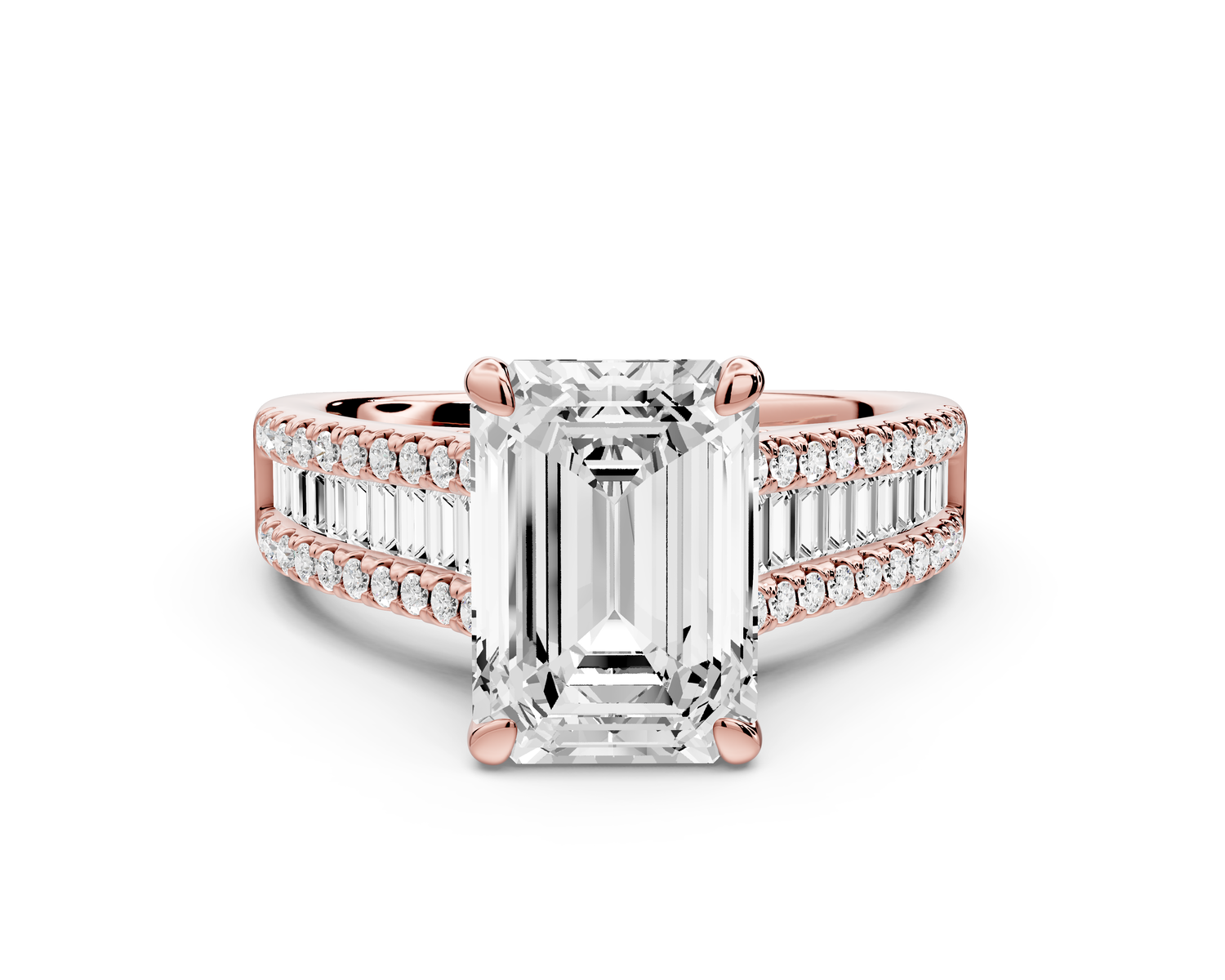 Estelle - 3ct 14k rose gold emerald diamond with emerald and round cut accent stones half band cathedral engagamengt ring