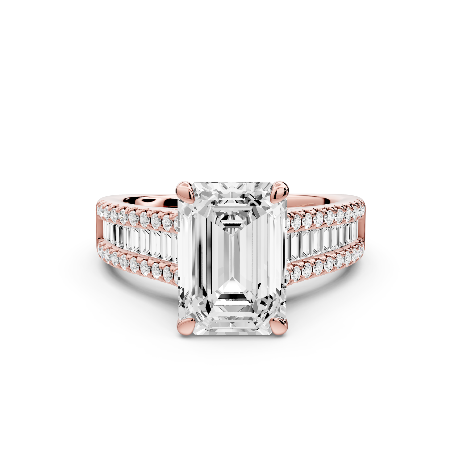 Estelle - 3ct 14k rose gold emerald diamond with emerald and round cut accent stones half band cathedral engagement ring