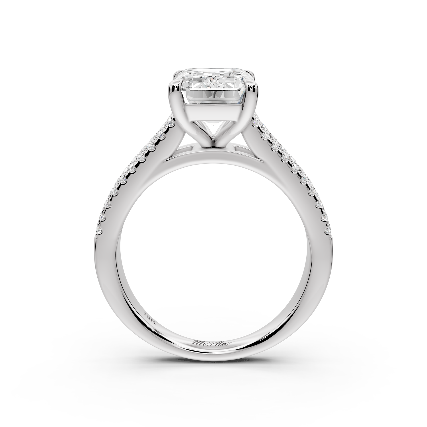 Estelle - 3ct 14k white gold emerald diamond with emerald and round cut accent stones half band cathedral engagement ring