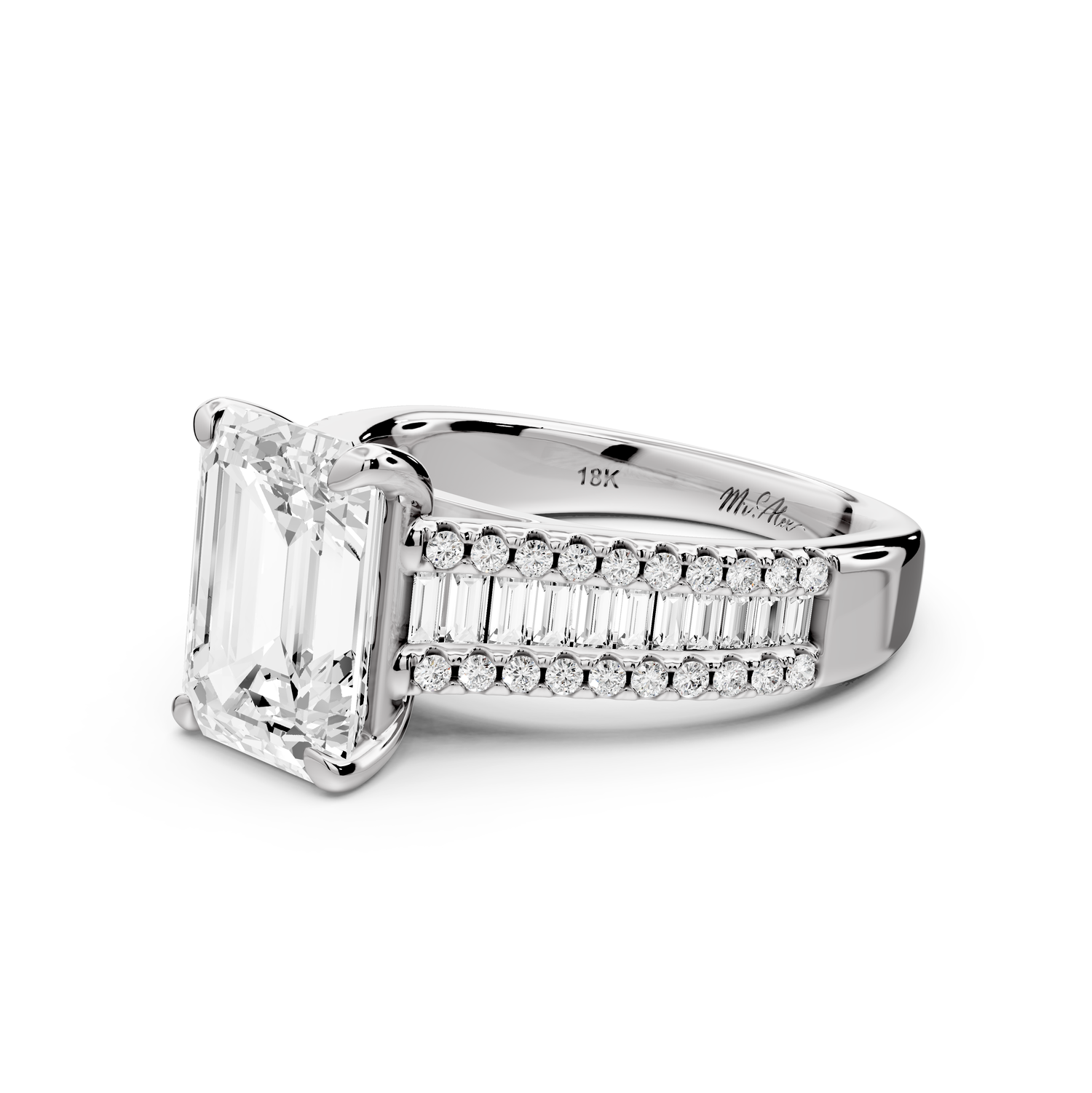 Estelle - 3ct 14k white gold emerald diamond with emerald and round cut accent stones half band cathedral engagement ring