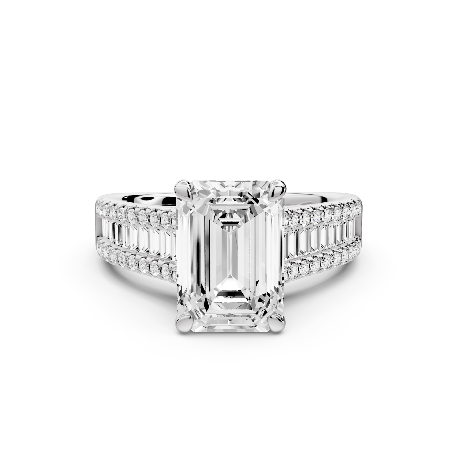 Estelle - 3ct 14k white gold emerald diamond with emerald and round cut accent stones half band cathedral engagement ring