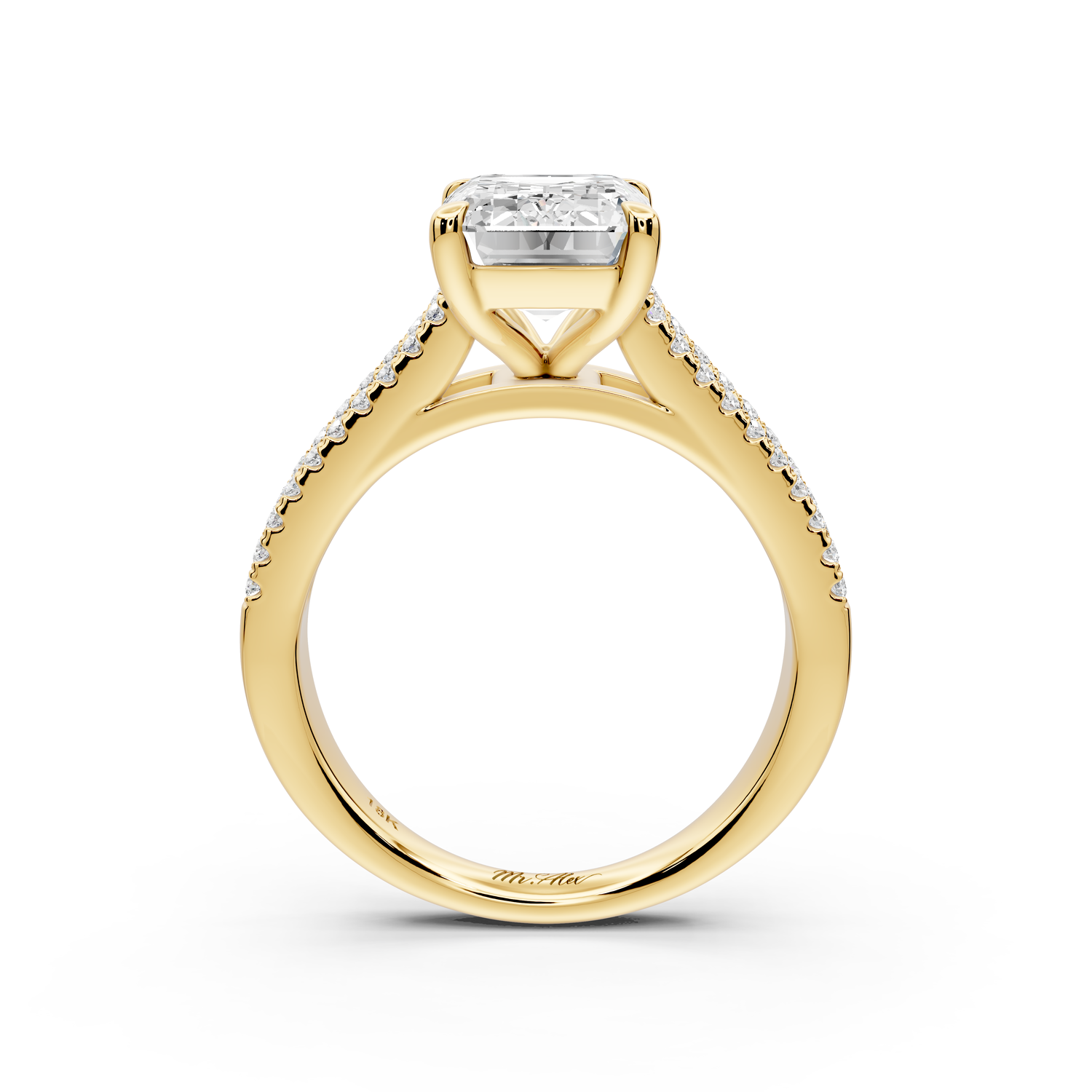 Estelle - 3ct 14k yellow gold emerald diamond with emerald and round cut accent stones half band cathedral engagement ring