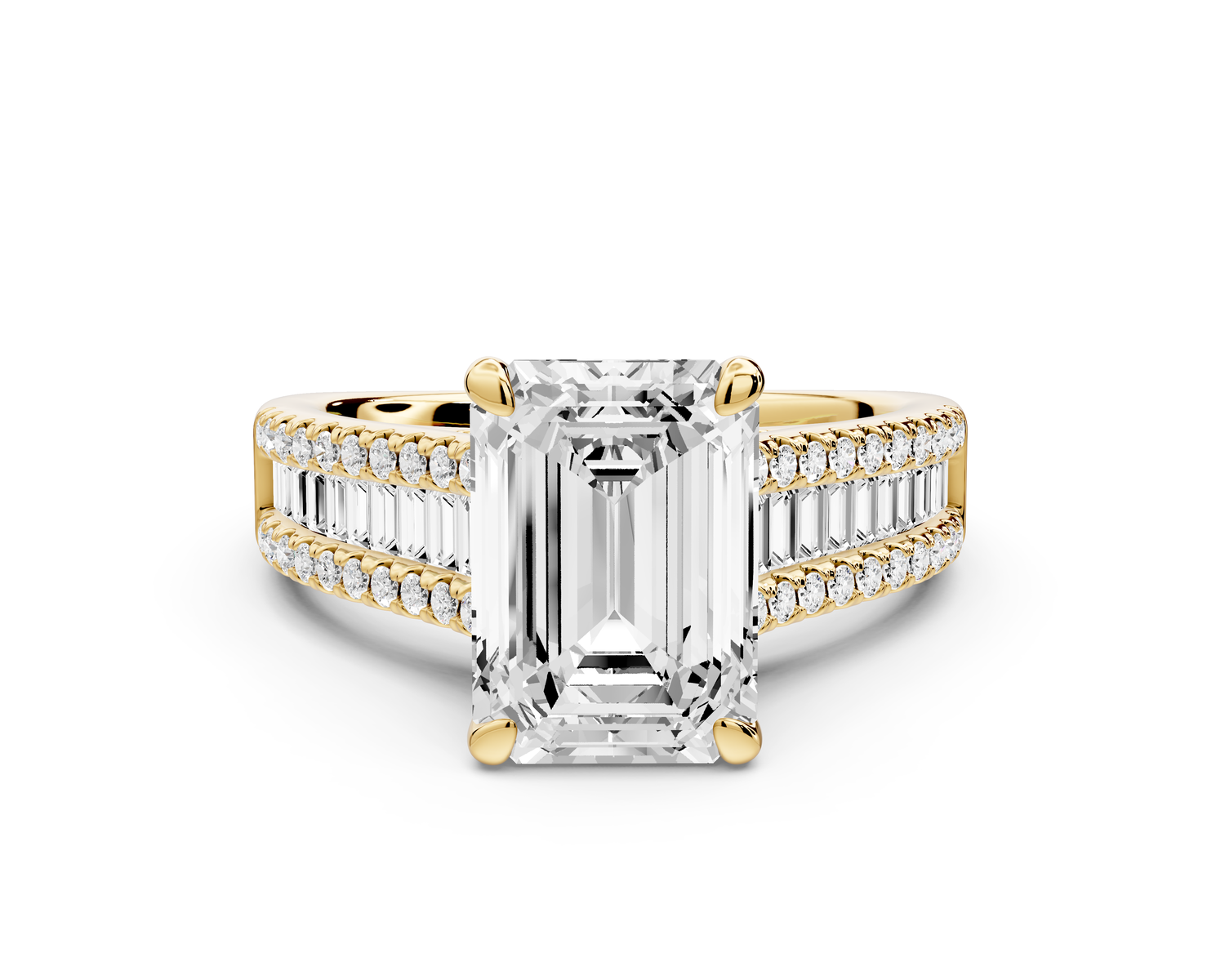 Estelle - 3ct 14k yellow gold emerald diamond with emerald and round cut accent stones half band cathedral engagamengt ring