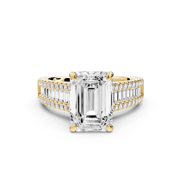 Estelle - 3ct 14k yellow gold emerald diamond with emerald and round cut accent stones half band cathedral engagement ring