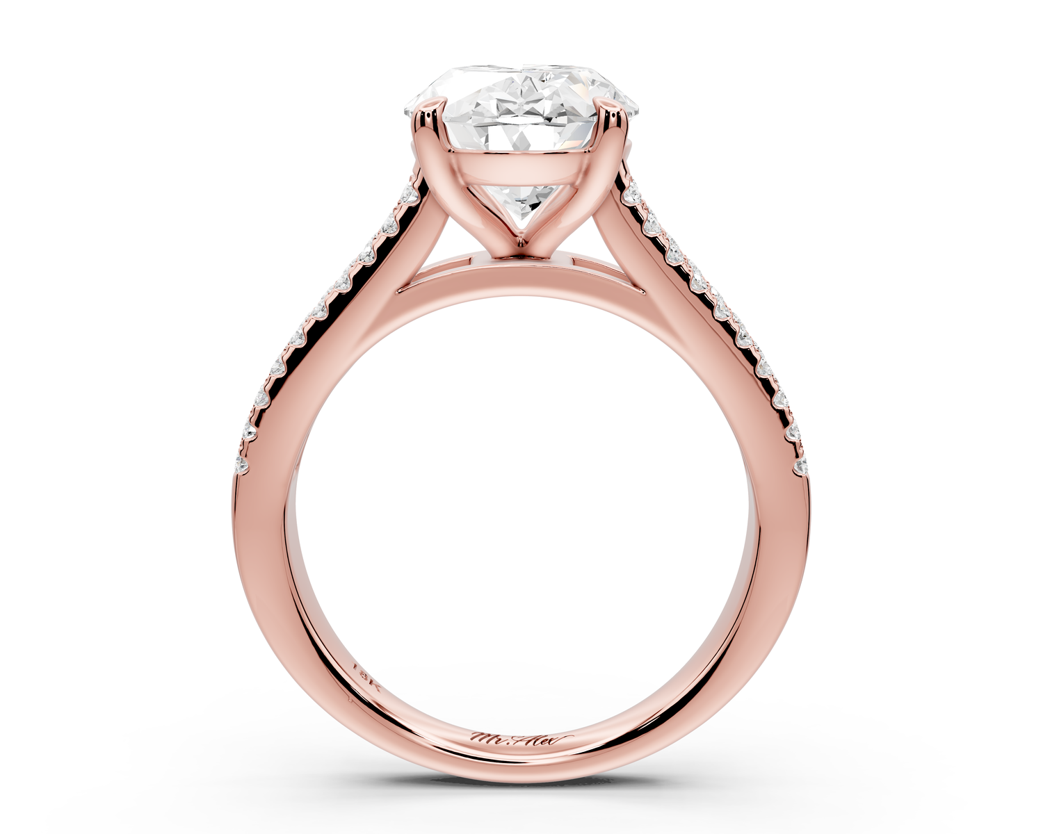 Estelle - 3ct 18k rose gold oval diamond with emerald and round cut accent stones half band cathedral engagamengt ring