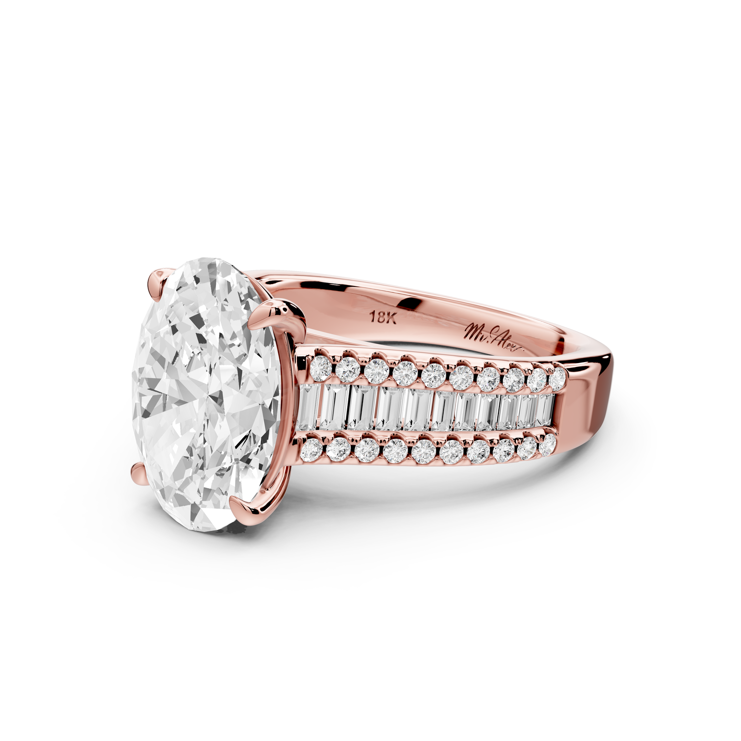 Estelle - 3ct 14k rose gold oval diamond with emerald and round cut accent stones half band cathedral engagement ring