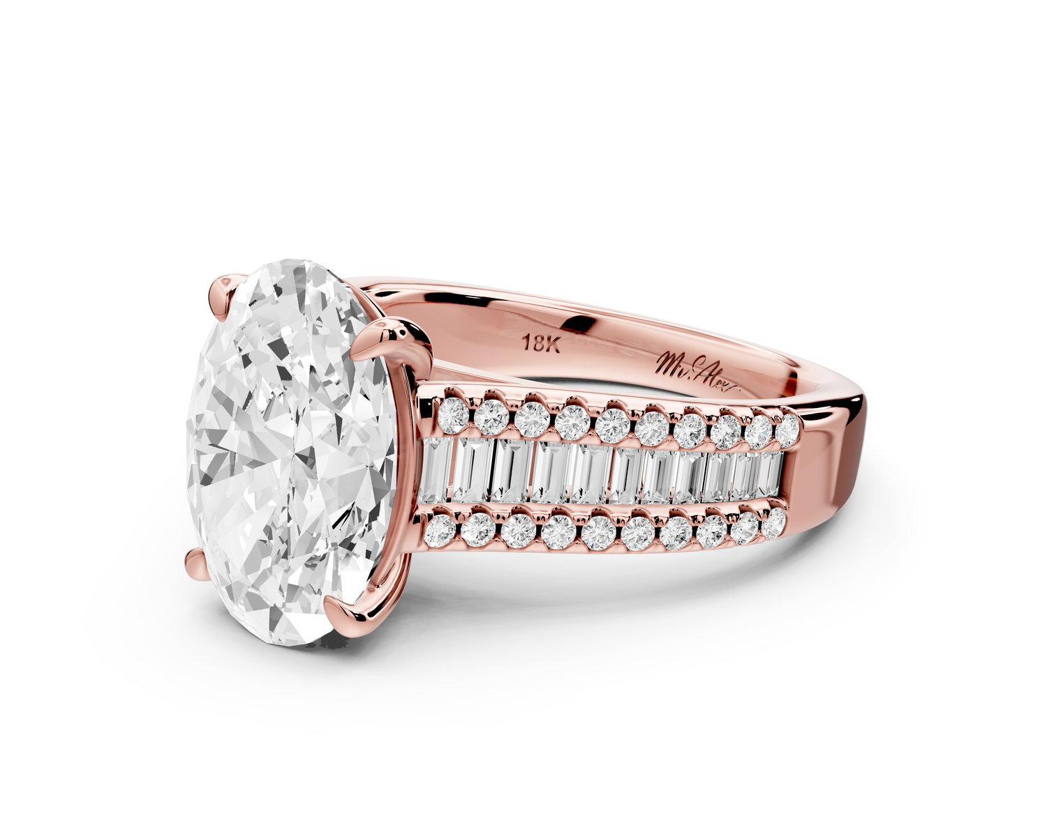 Estelle - 3ct 18k rose gold oval diamond with emerald and round cut accent stones half band cathedral engagamengt ring
