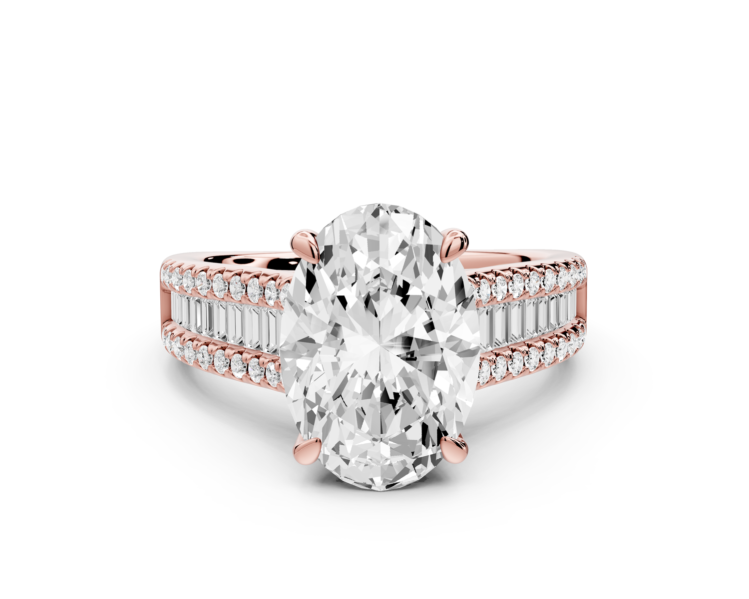 Estelle - 3ct 18k rose gold oval diamond with emerald and round cut accent stones half band cathedral engagamengt ring