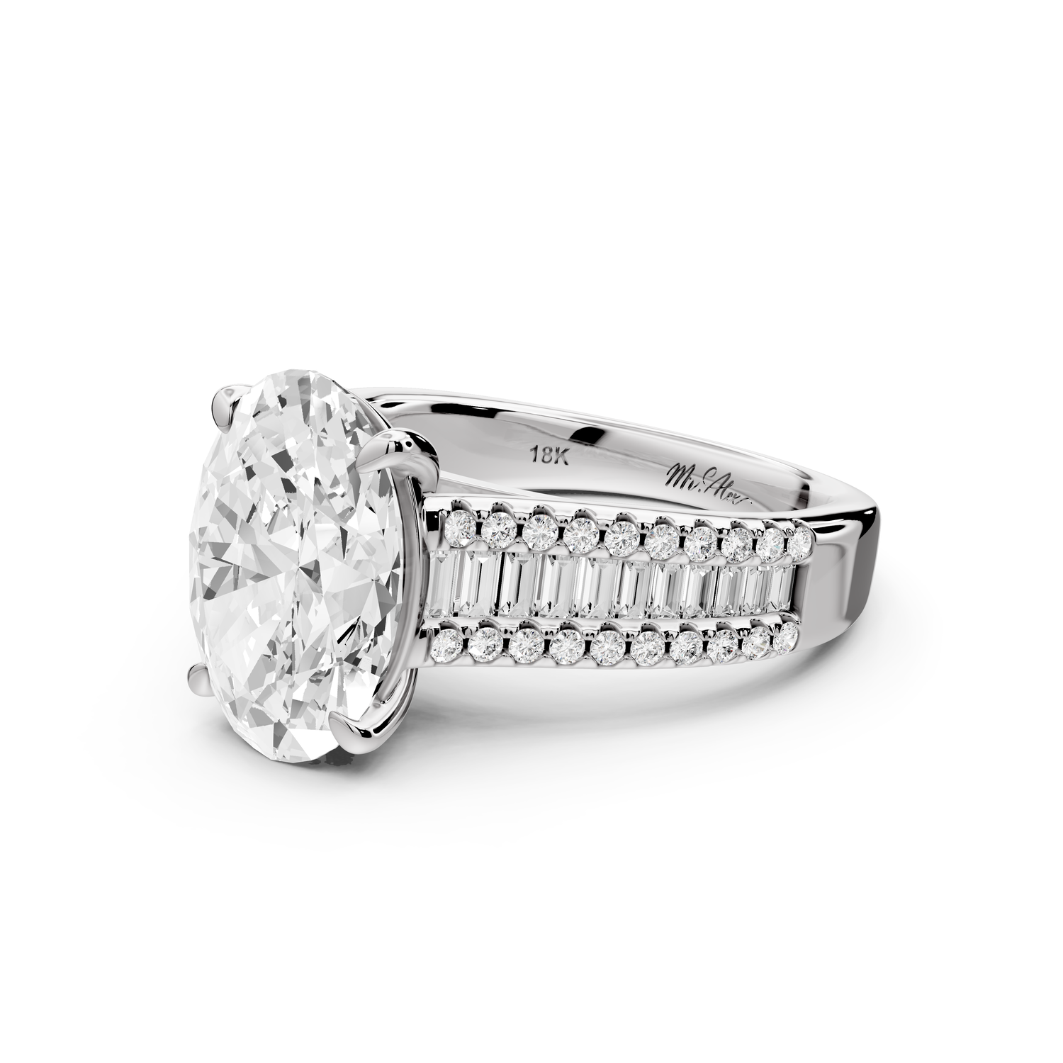 Estelle - 3ct 14k white gold oval diamond with emerald and round cut accent stones half band cathedral engagement ring