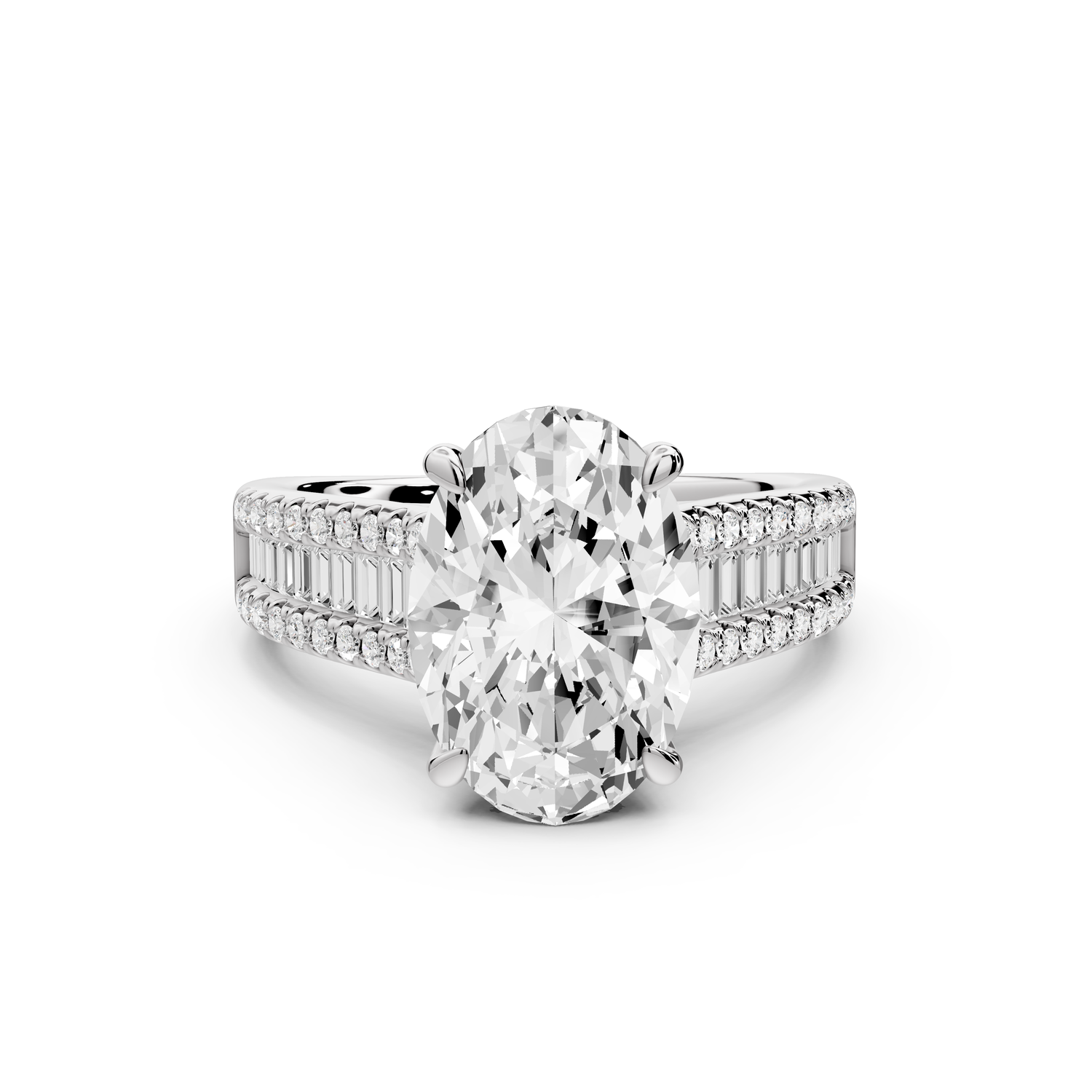 Estelle - 3ct 14k white gold oval diamond with emerald and round cut accent stones half band cathedral engagement ring