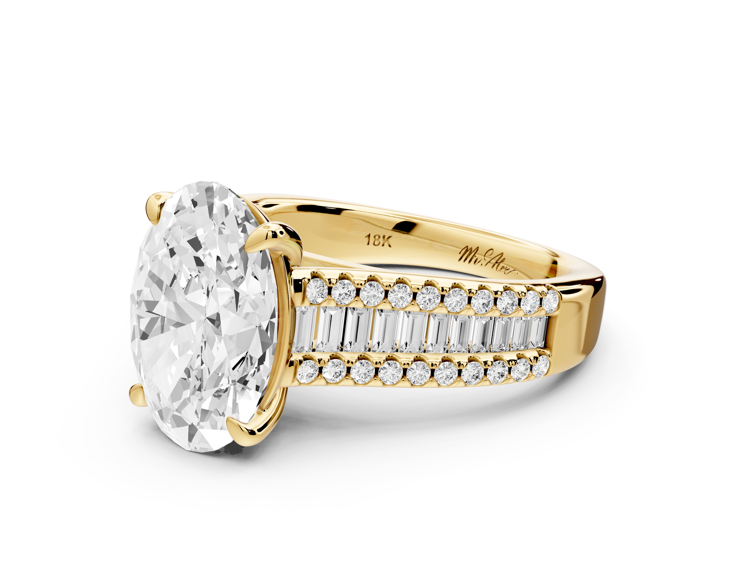 Estelle - 3ct 18k yellow gold oval diamond with emerald and round cut accent stones half band cathedral engagamengt ring