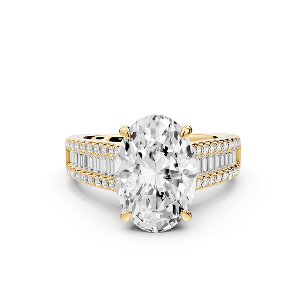 Estelle - 3ct 14k yellow gold oval diamond with emerald and round cut accent stones half band cathedral engagement ring