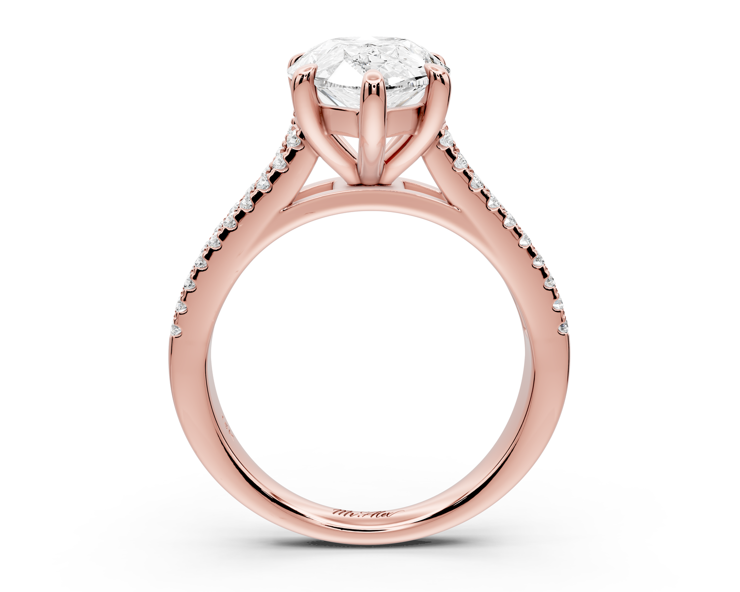 Estelle - 3ct 14k rose gold pear diamond with emerald and round cut accent stones half band cathedral engagement ring