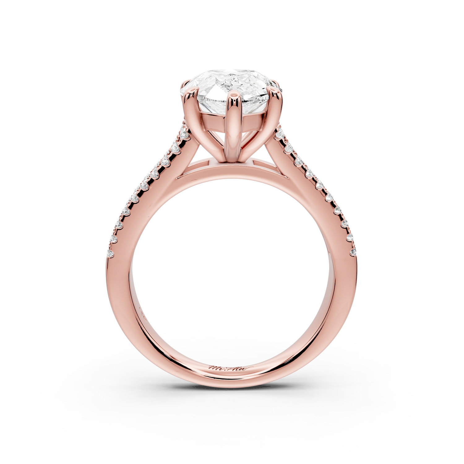 Estelle - 3ct 14k rose gold pear diamond with emerald and round cut accent stones half band cathedral engagement ring