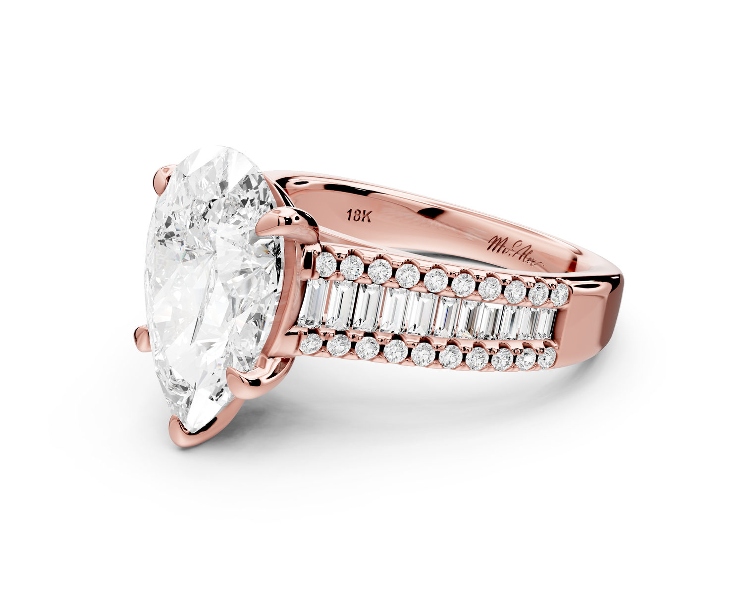 Estelle - 3ct 14k rose gold pear diamond with emerald and round cut accent stones half band cathedral engagement ring