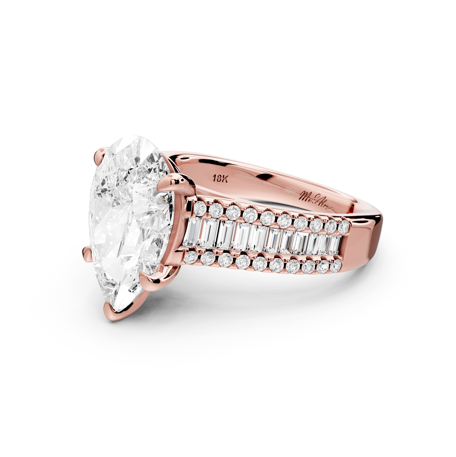 Estelle - 3ct 14k rose gold pear diamond with emerald and round cut accent stones half band cathedral engagement ring