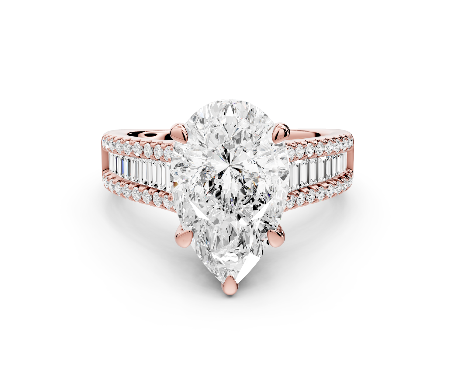 Estelle - 3ct 14k rose gold pear diamond with emerald and round cut accent stones half band cathedral engagement ring