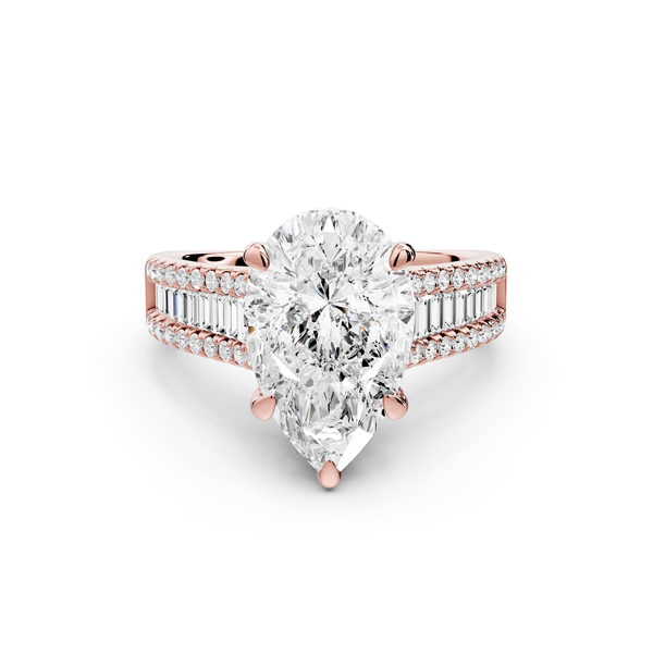 Estelle - 3ct 14k rose gold pear diamond with emerald and round cut accent stones half band cathedral engagement ring
