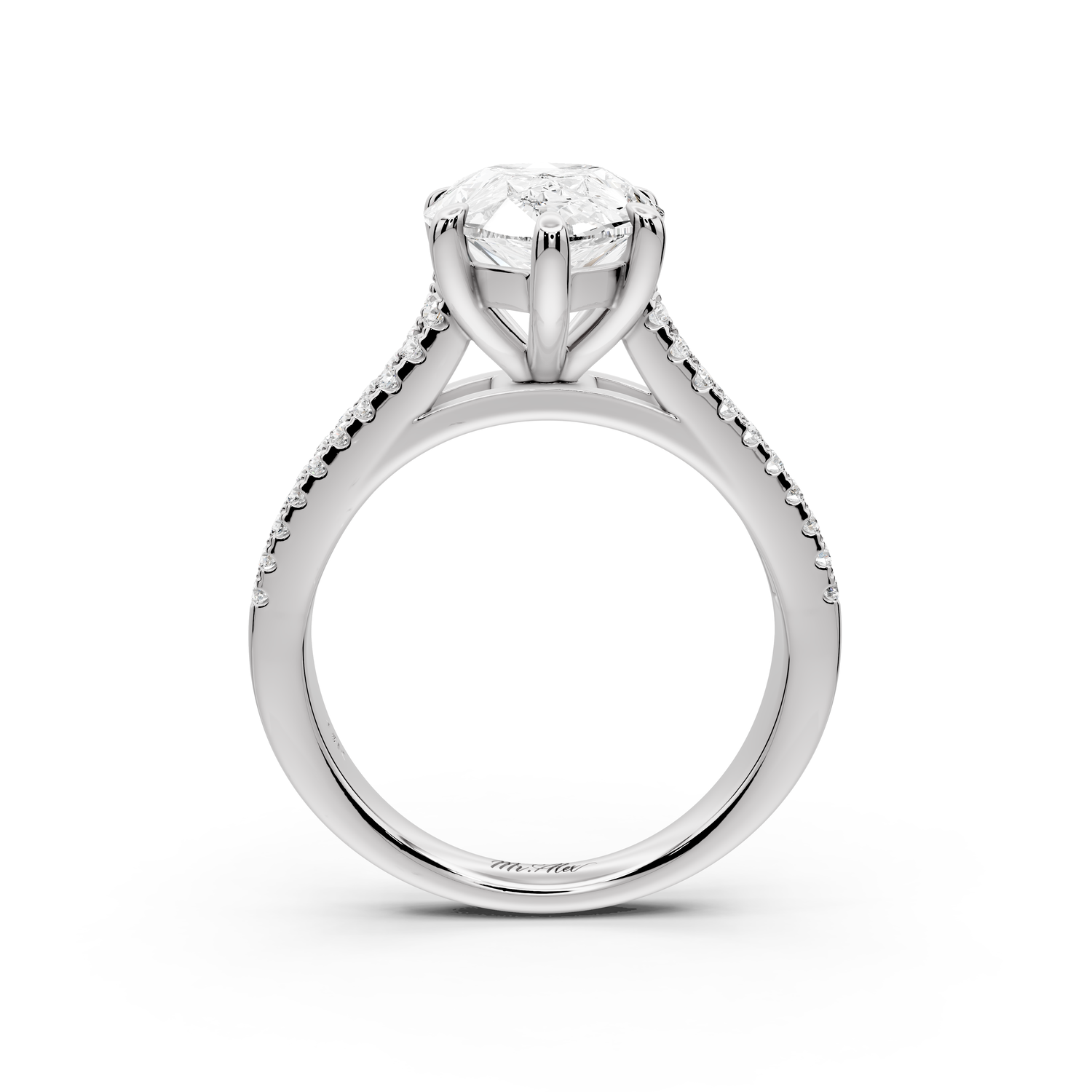Estelle - 3ct 14k white gold pear diamond with emerald and round cut accent stones half band cathedral engagement ring