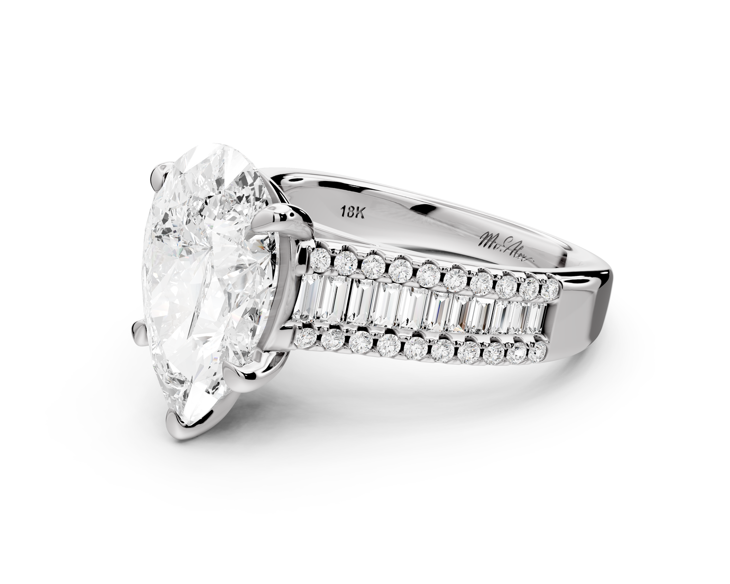 Estelle - 3ct 14k white gold pear diamond with emerald and round cut accent stones half band cathedral engagamengt ring