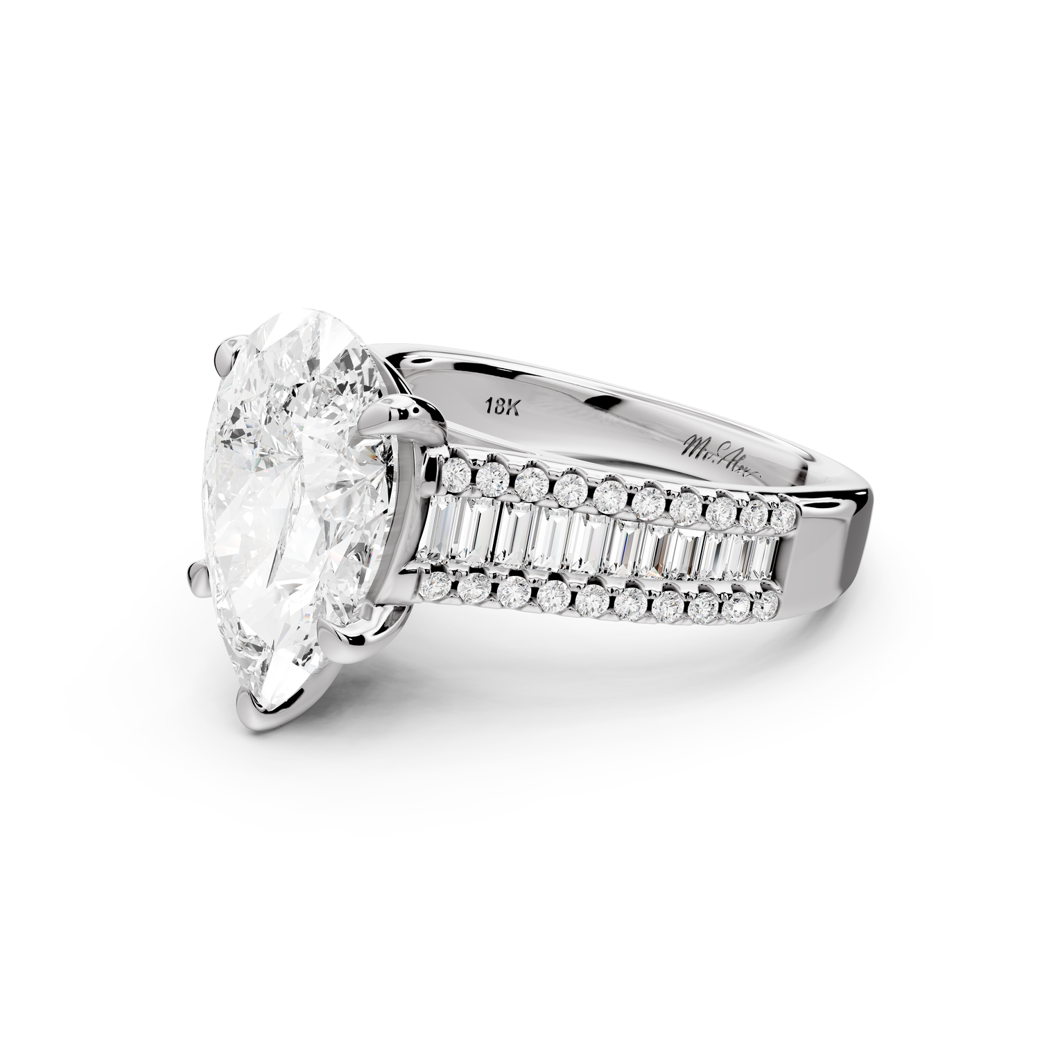 Estelle - 3ct 14k white gold pear diamond with emerald and round cut accent stones half band cathedral engagement ring