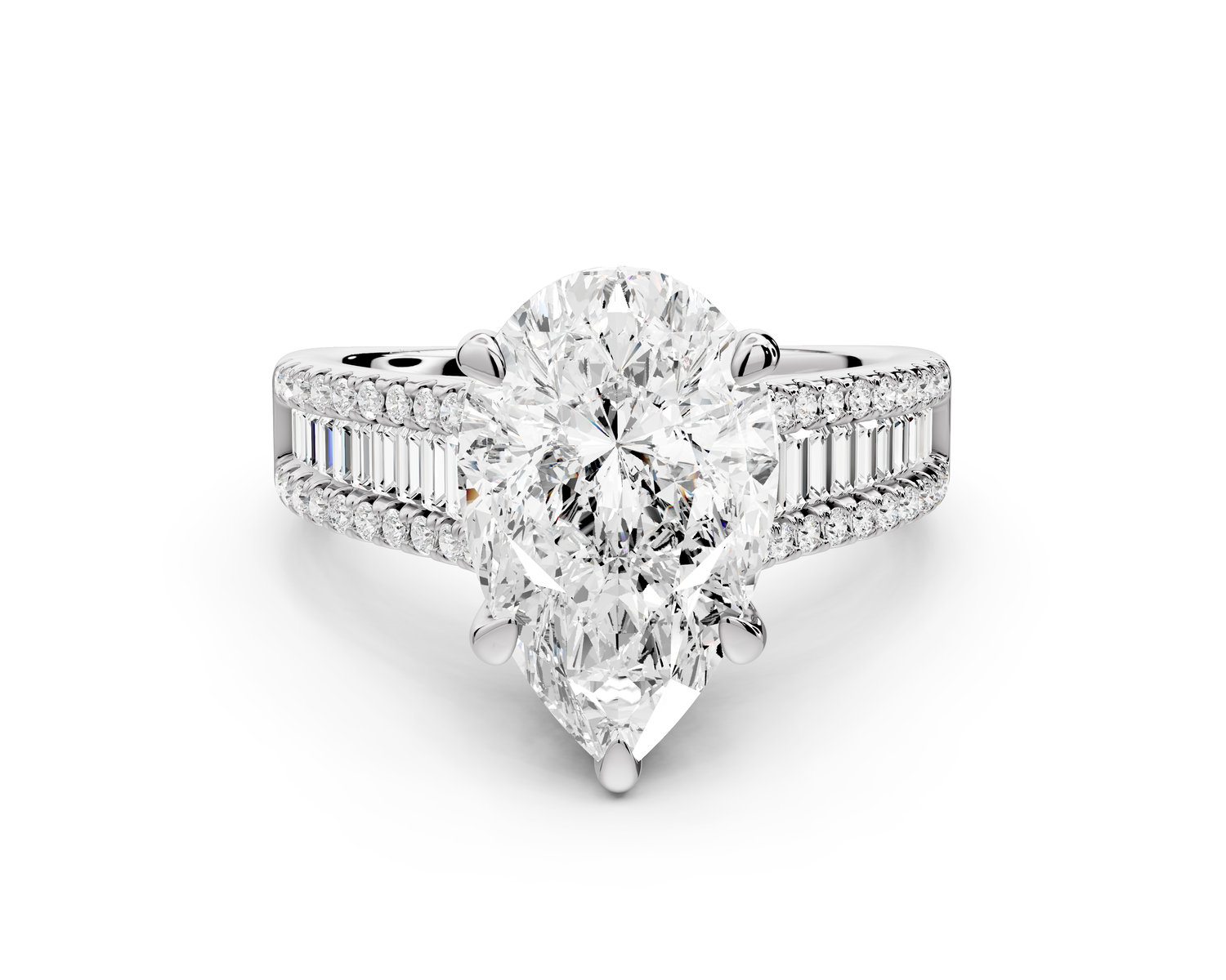 Estelle - 3ct 14k white gold pear diamond with emerald and round cut accent stones half band cathedral engagamengt ring