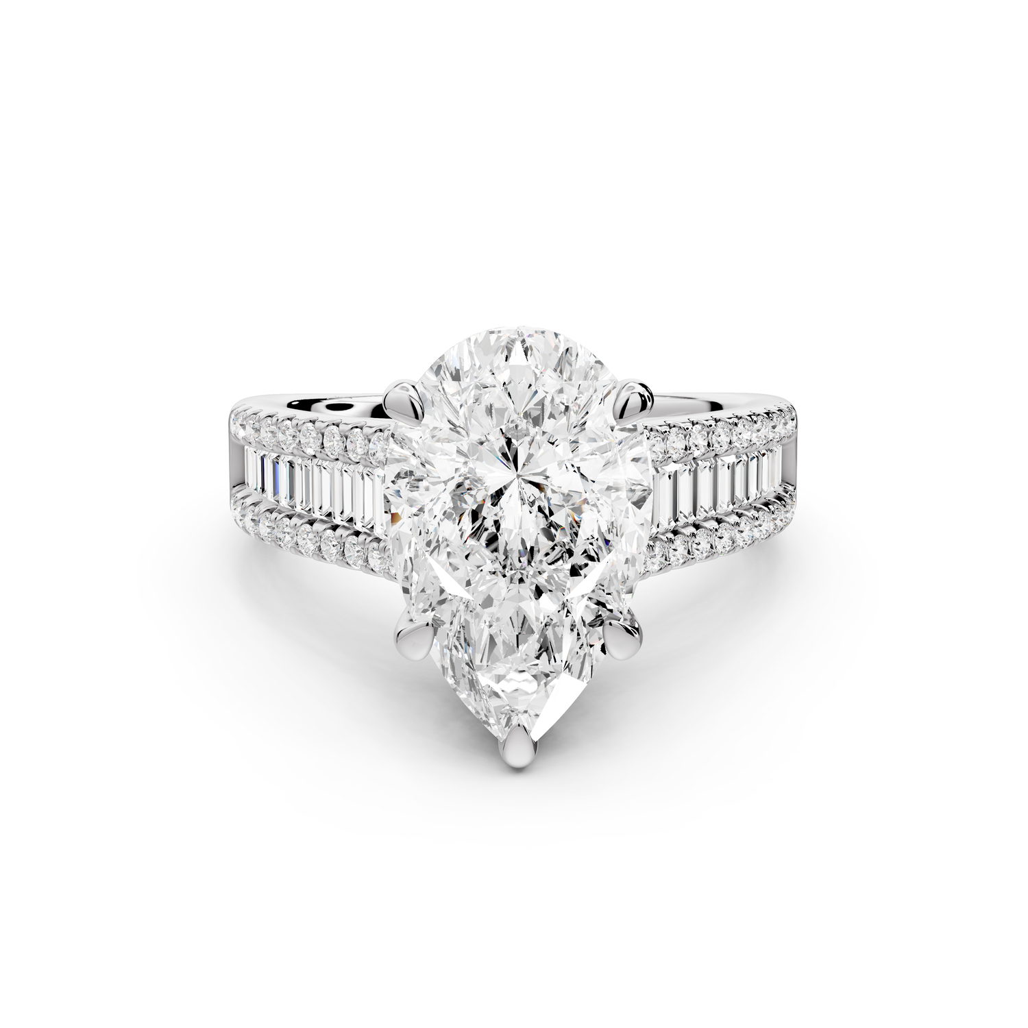 Estelle - 3ct 14k white gold pear diamond with emerald and round cut accent stones half band cathedral engagement ring