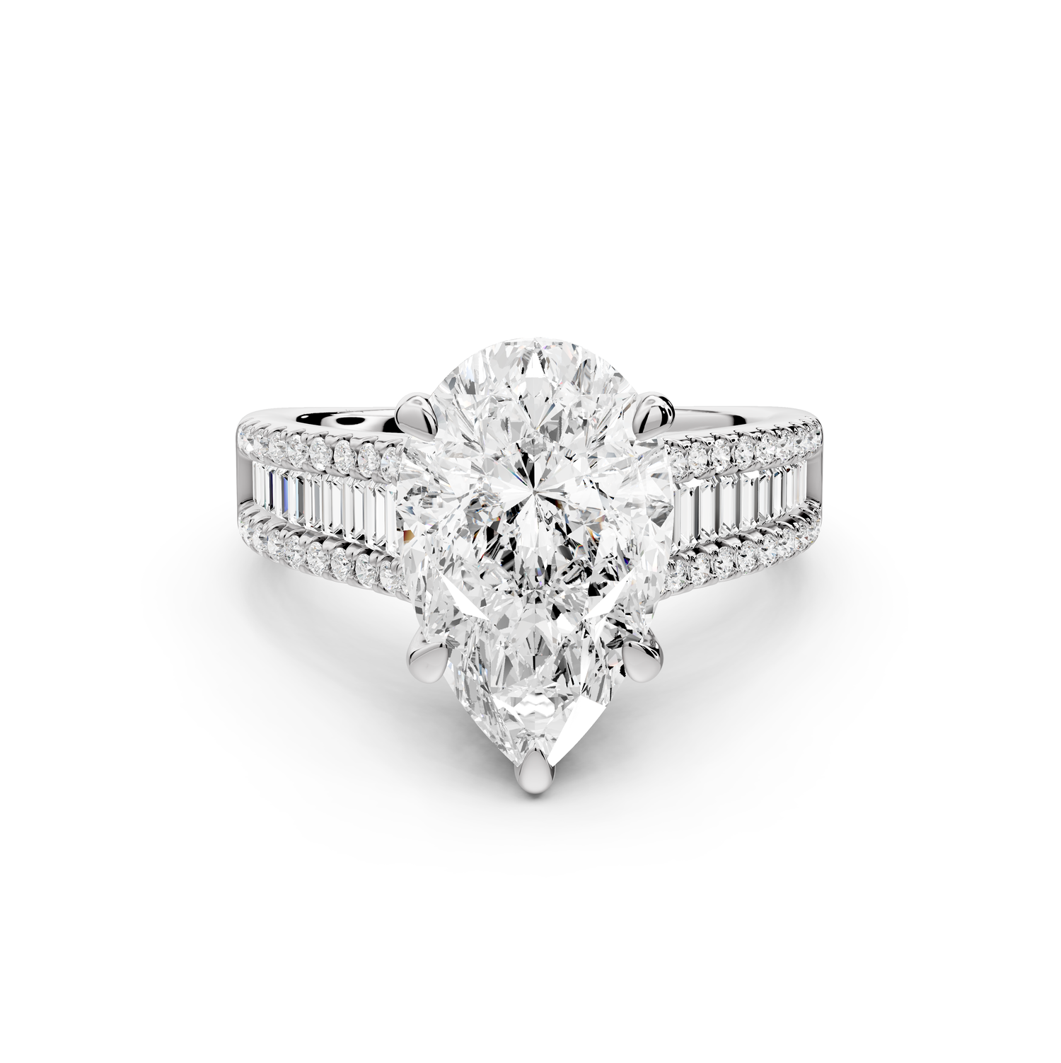 Estelle - 3ct 14k white gold pear diamond with emerald and round cut accent stones half band cathedral engagement ring