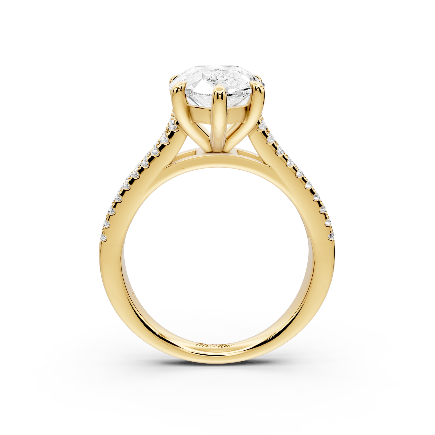 Estelle - 3ct 14k yellow gold pear diamond with emerald and round cut accent stones half band cathedral engagement ring