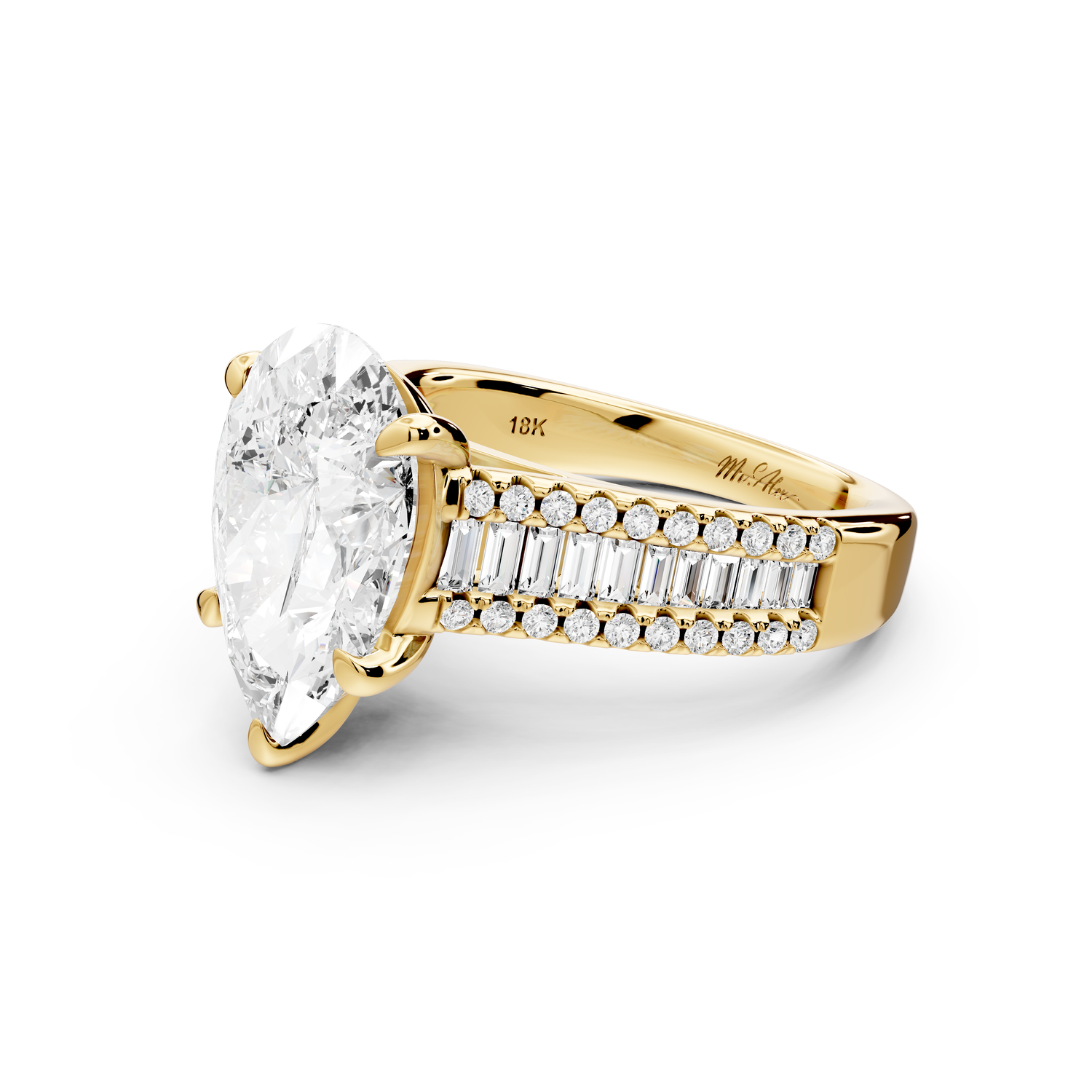 Estelle - 3ct 14k yellow gold pear diamond with emerald and round cut accent stones half band cathedral engagement ring