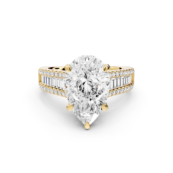 Estelle - 3ct 14k yellow gold pear diamond with emerald and round cut accent stones half band cathedral engagement ring