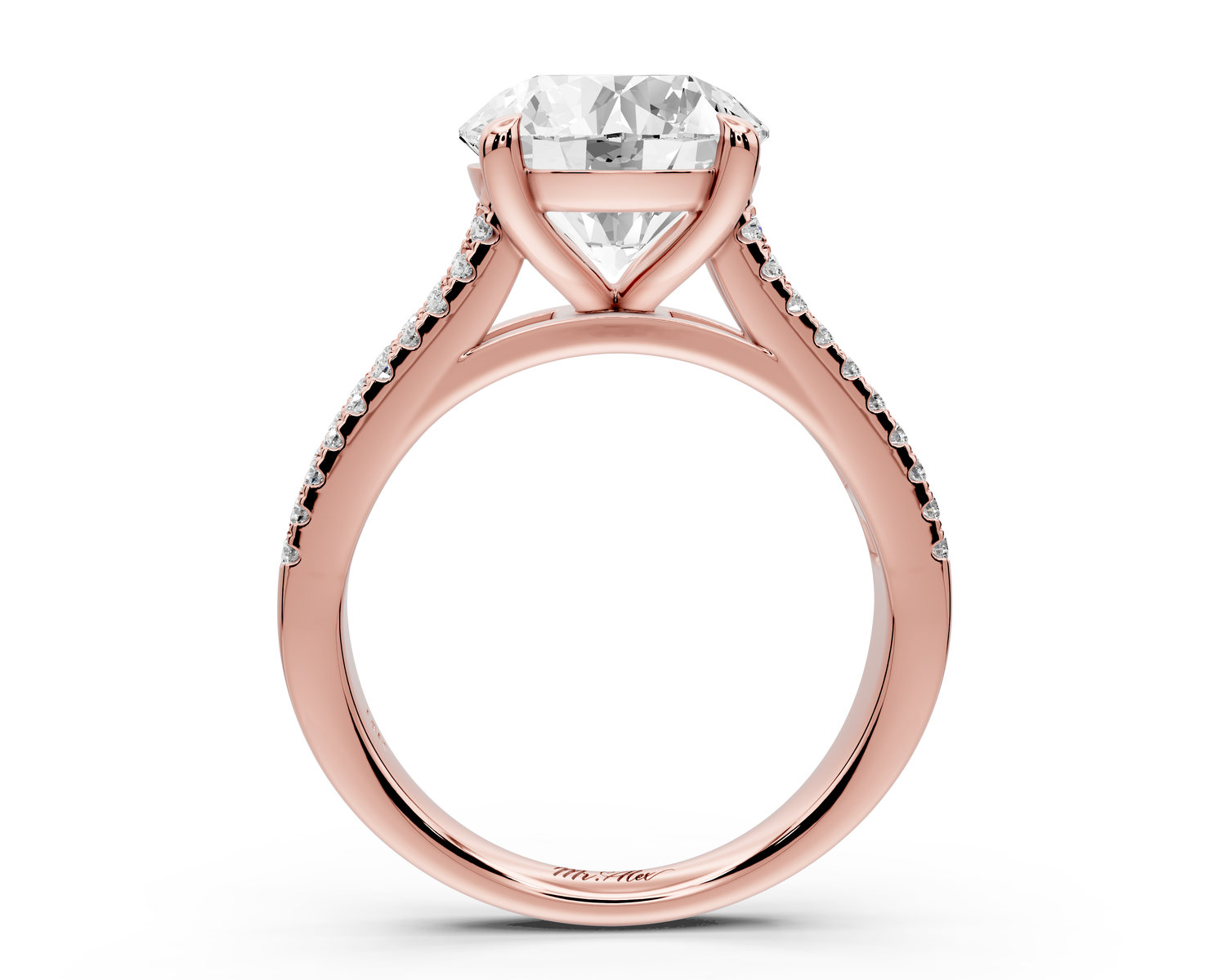 Estelle - 3ct 14k rose gold round diamond with emerald and round cut accent stones half band cathedral engagamengt ring