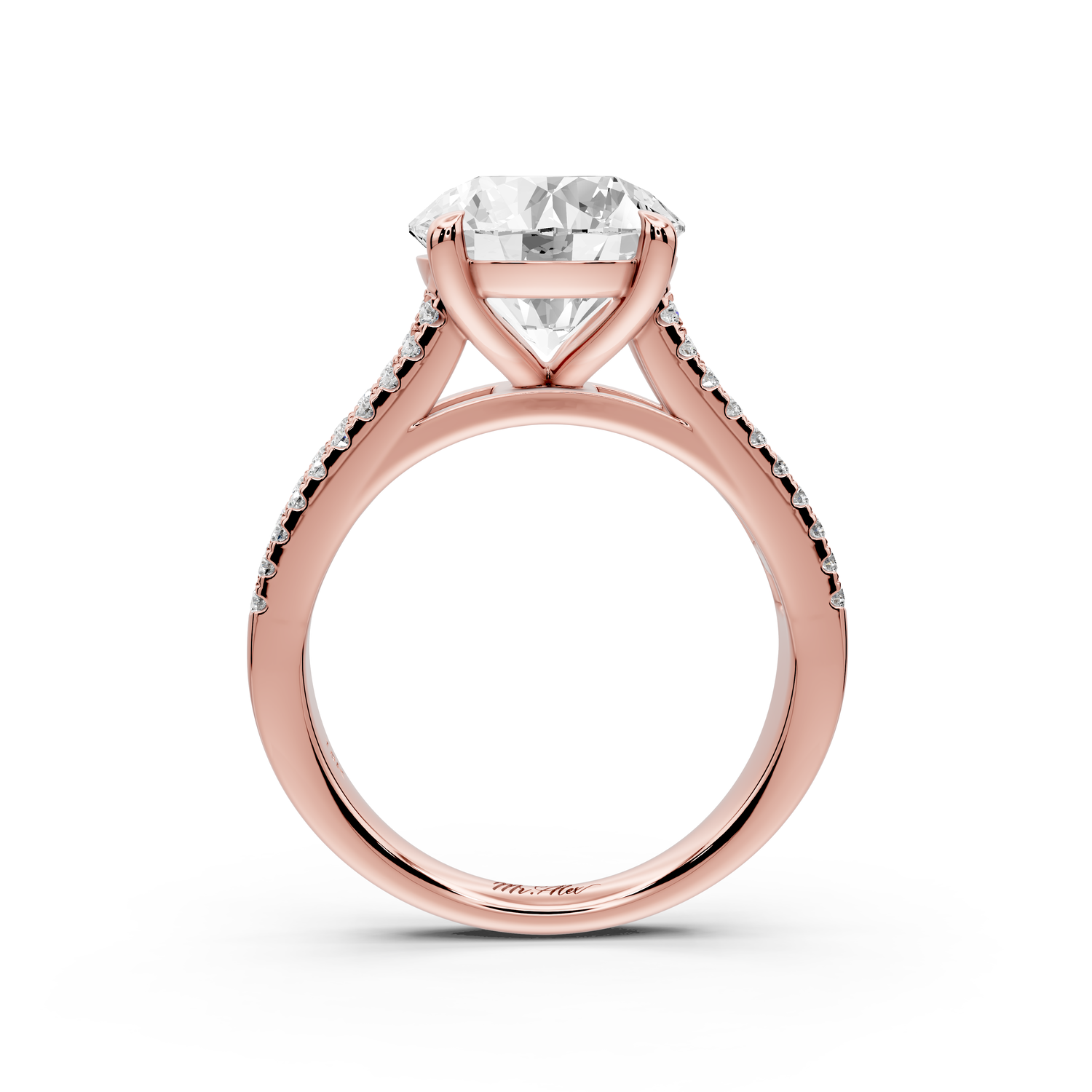 Estelle - 3ct 14k rose gold round diamond with emerald and round cut accent stones half band cathedral engagement ring