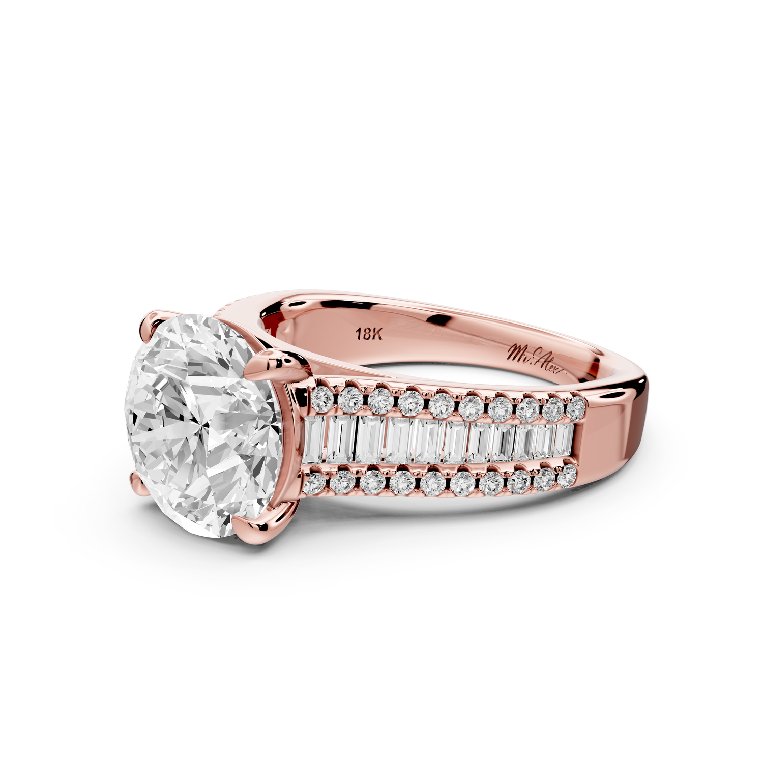 Estelle - 3ct 14k rose gold round diamond with emerald and round cut accent stones half band cathedral engagement ring