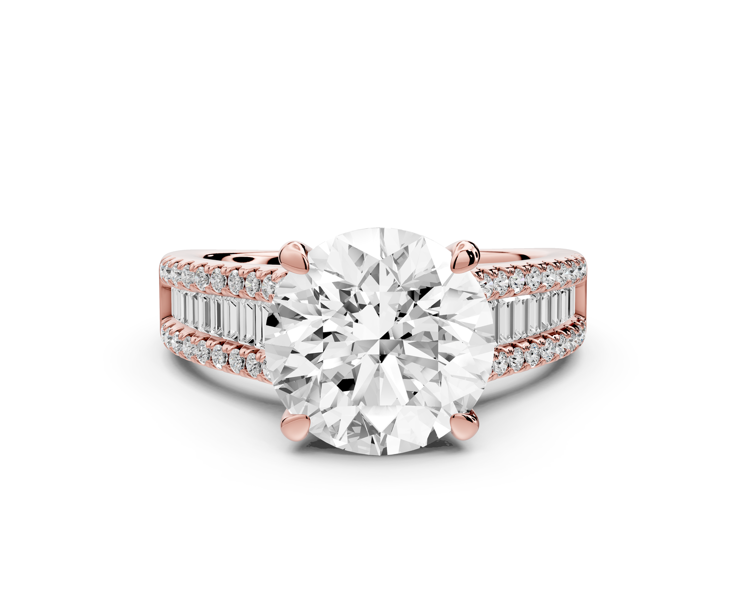 Estelle - 3ct 14k rose gold round diamond with emerald and round cut accent stones half band cathedral engagamengt ring