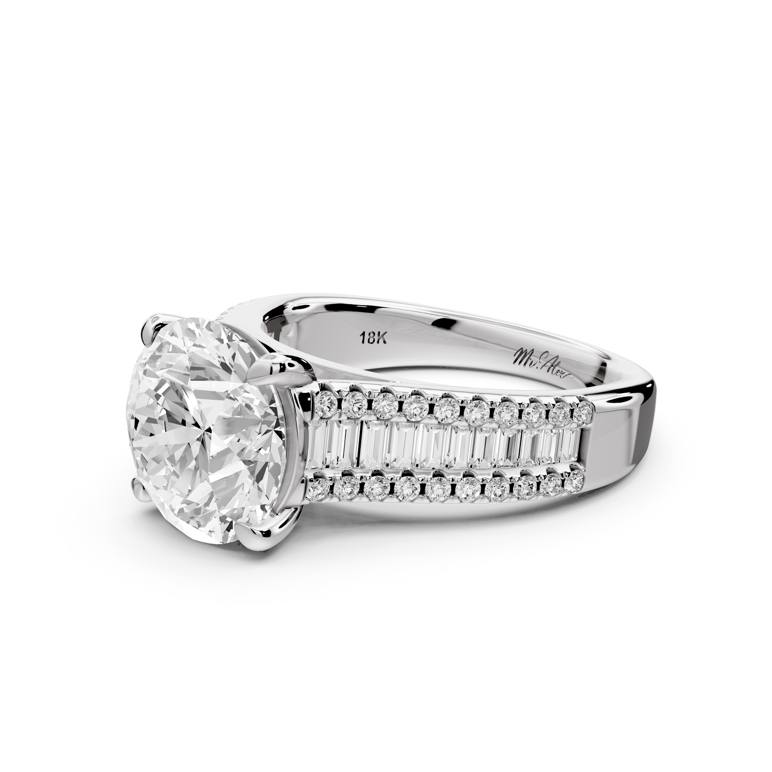 Estelle - 3ct 14k white gold round diamond with emerald and round cut accent stones half band cathedral engagement ring