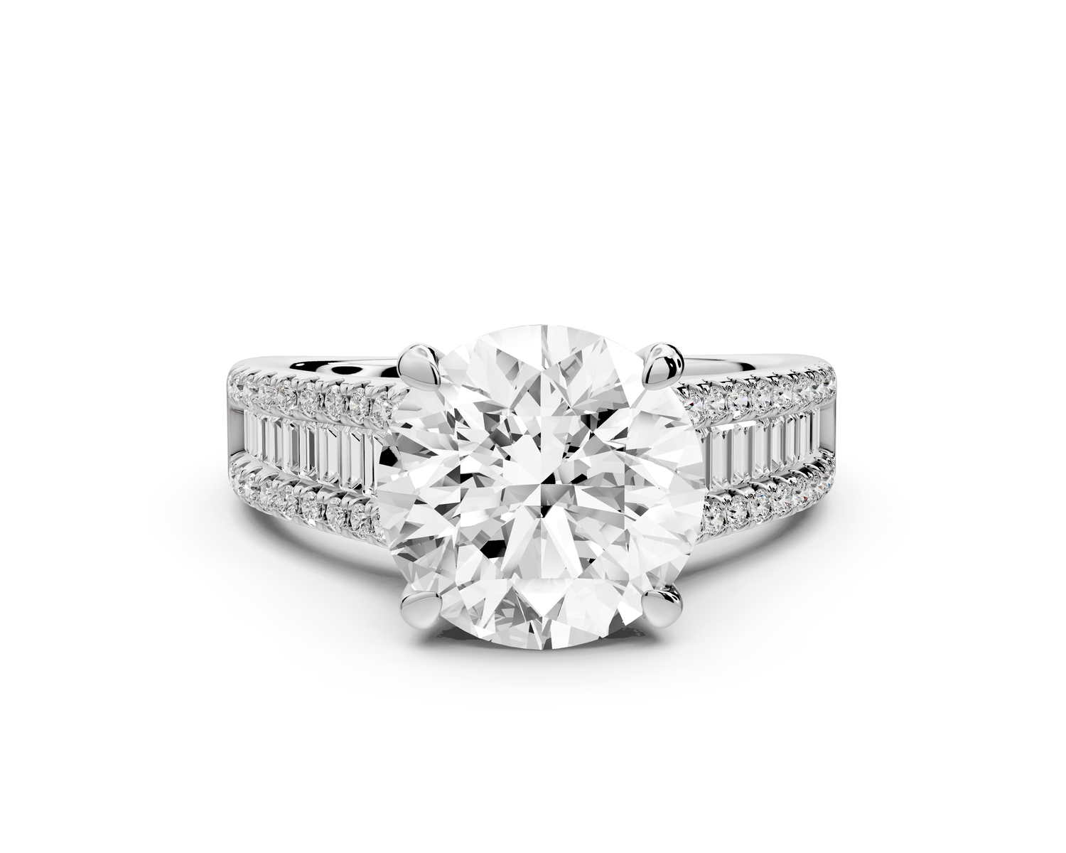 Estelle - 3ct 14k white gold round diamond with emerald and round cut accent stones half band cathedral engagamengt ring
